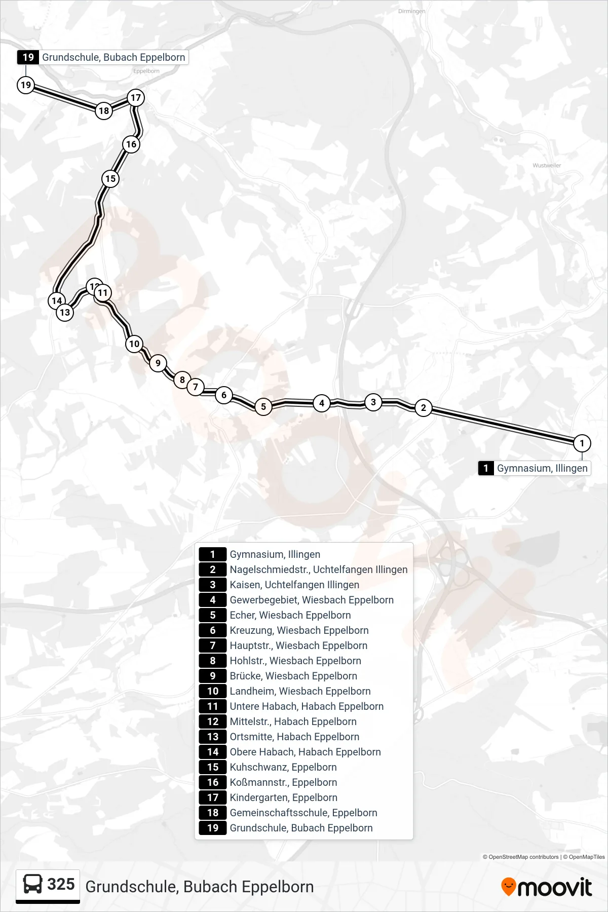 325 bus Line (Grundschule, Bubach Eppelborn) route and stops on a map