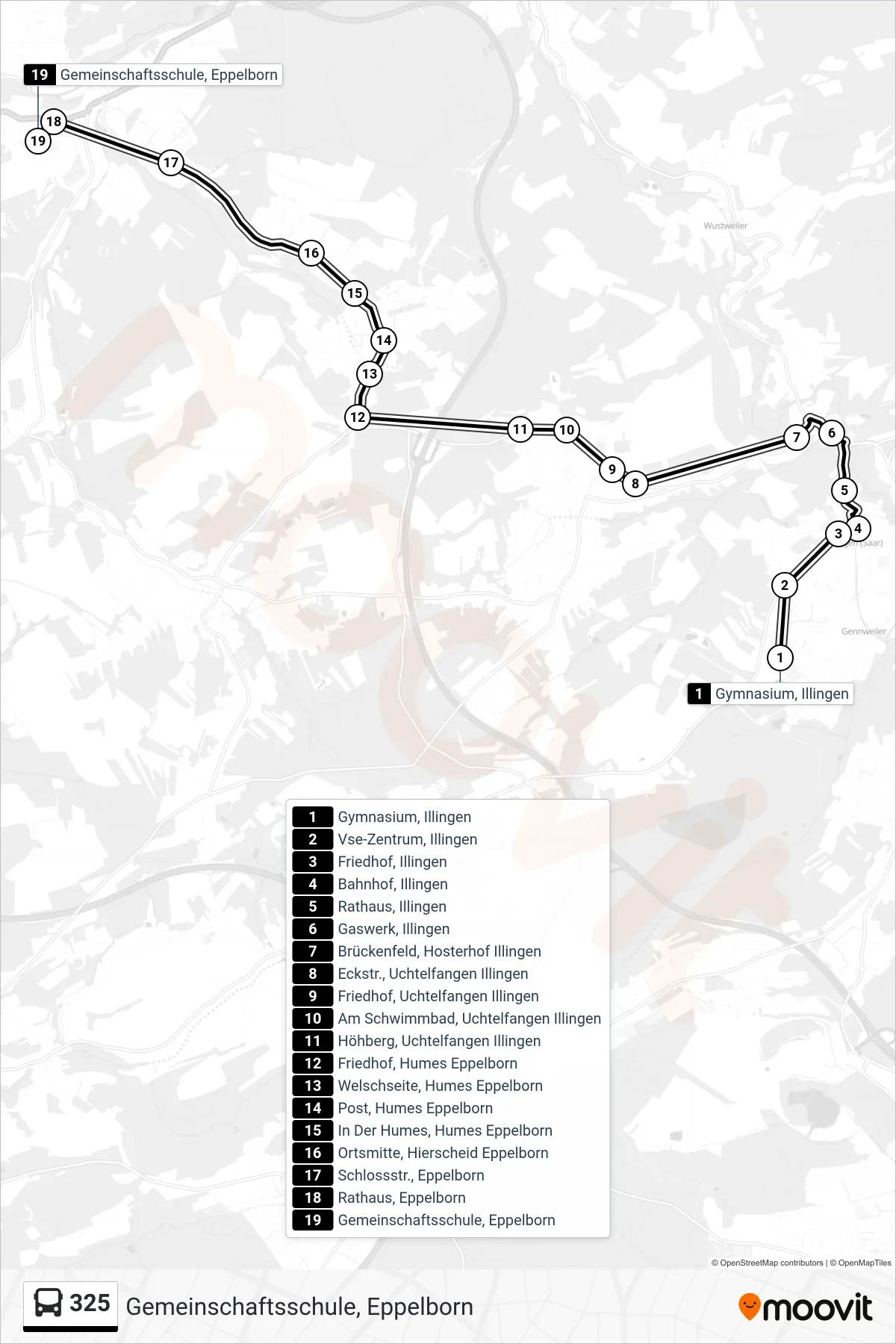 325 bus Line (Gemeinschaftsschule, Eppelborn) route and stops on a map