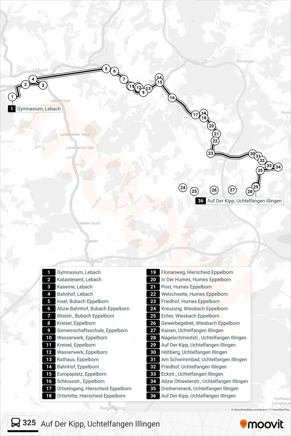 325 bus Line (Auf Der Kipp, Uchtelfangen Illingen) route and stops on a map