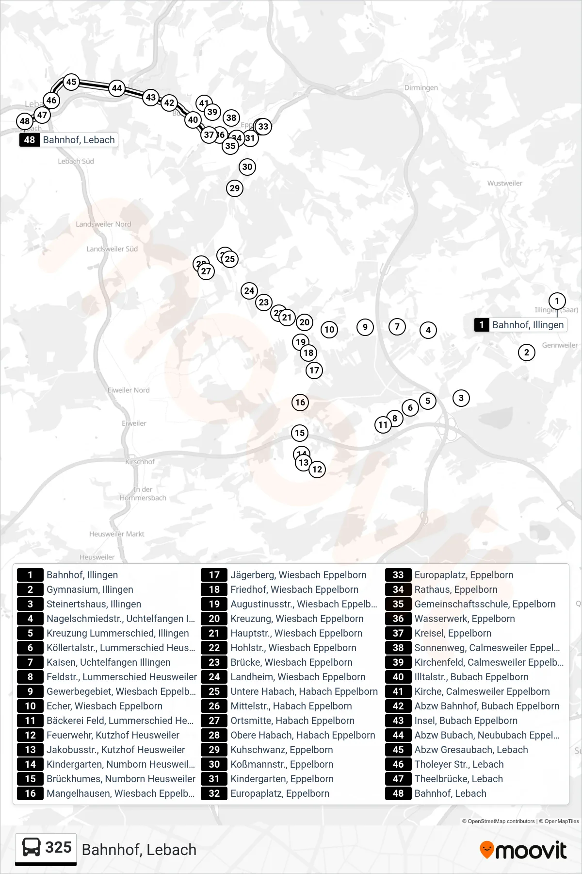 325 bus Line (Bahnhof, Lebach) route and stops on a map