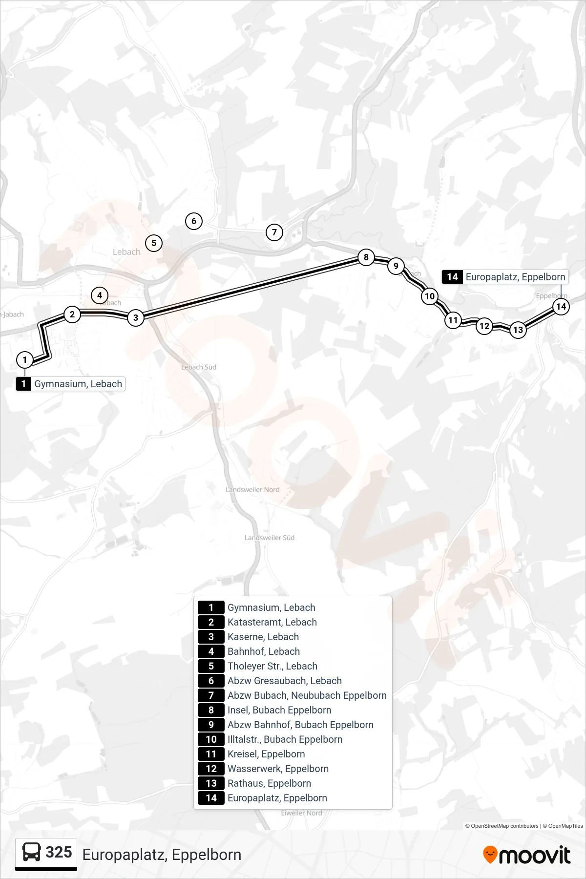 325 bus Line (Europaplatz, Eppelborn) route and stops on a map