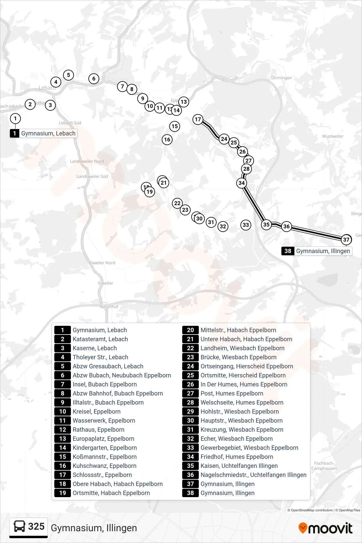 325 bus Line (Gymnasium, Illingen) route and stops on a map