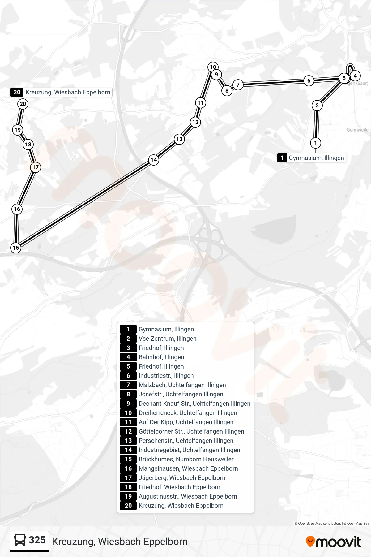 325 bus Line (Kreuzung, Wiesbach Eppelborn) route and stops on a map