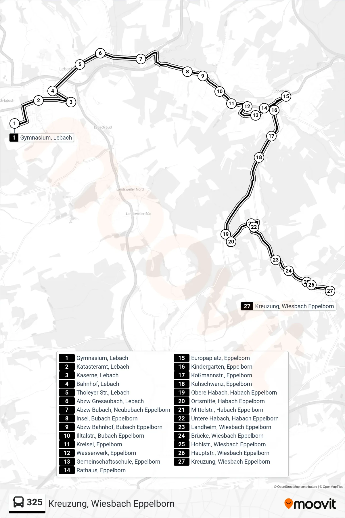 325 bus Line (Kreuzung, Wiesbach Eppelborn) route and stops on a map
