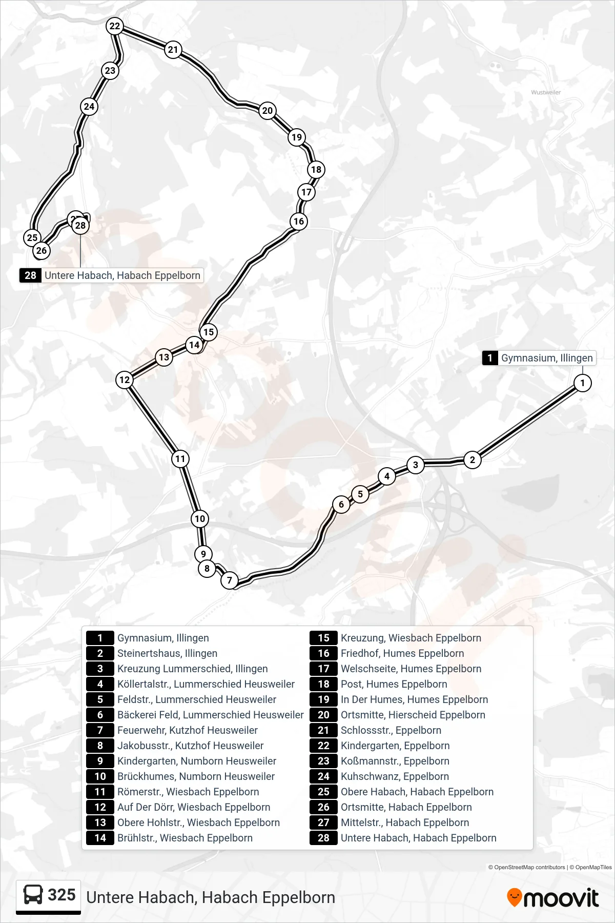 325 bus Line (Untere Habach, Habach Eppelborn) route and stops on a map