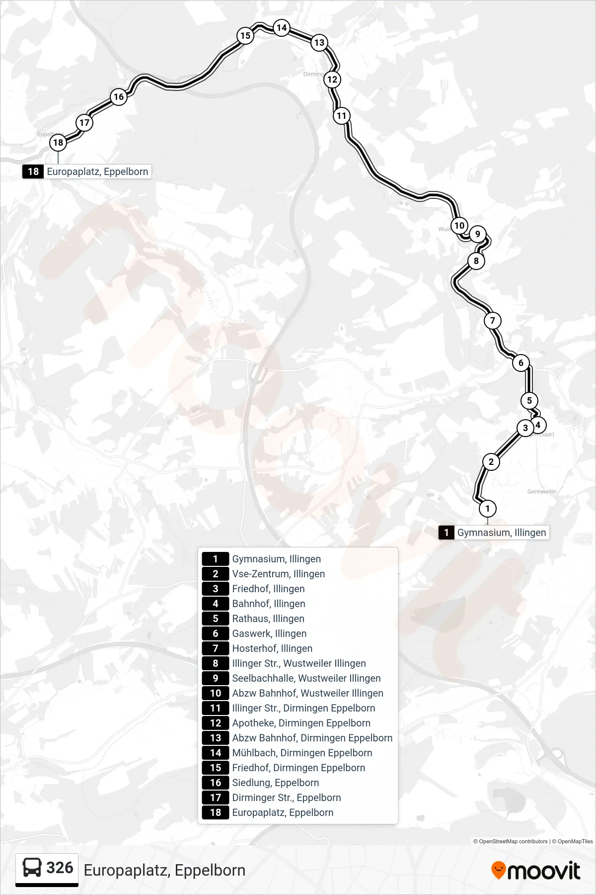 326 bus Line (Europaplatz, Eppelborn) route and stops on a map