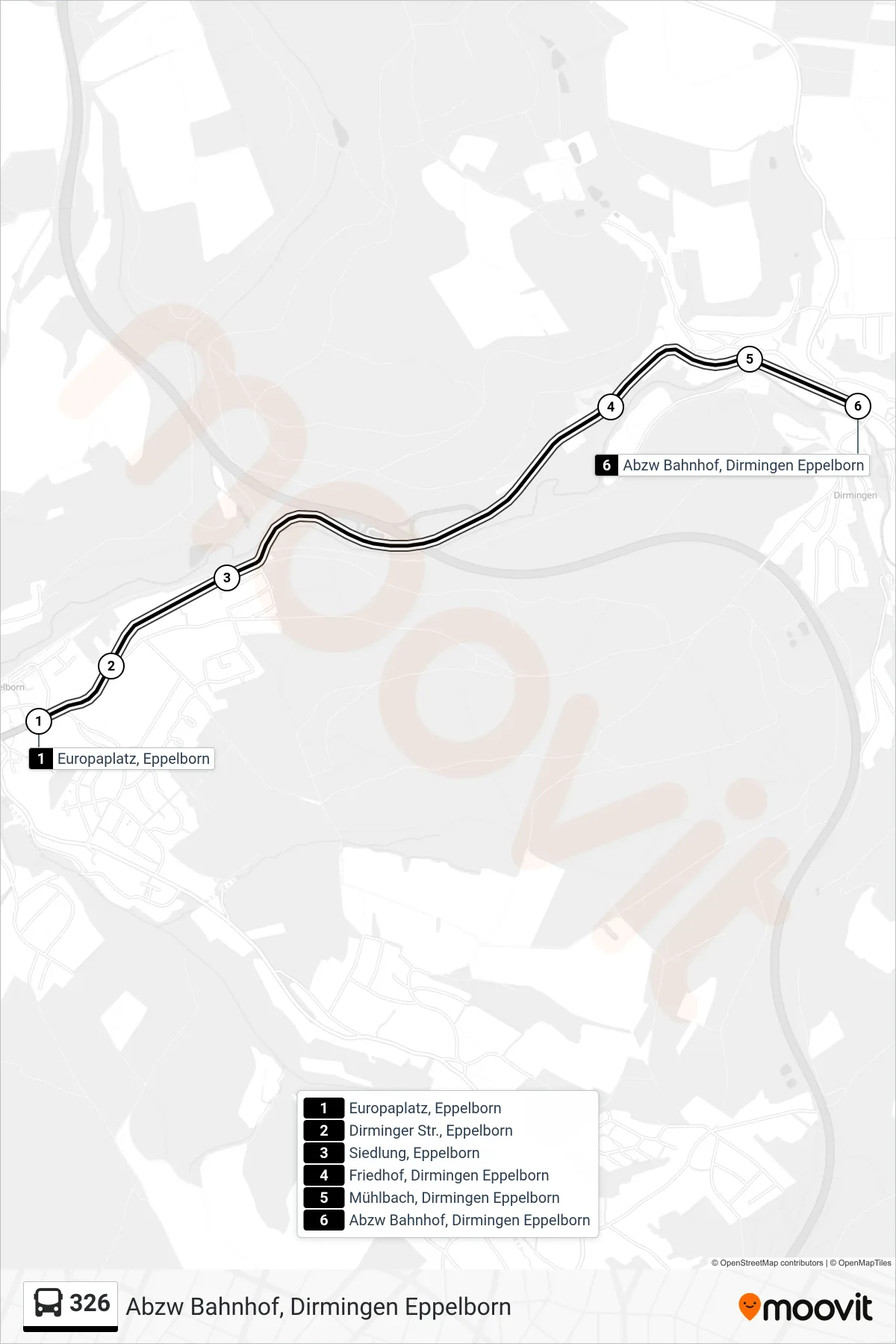 326 bus Line (Abzw Bahnhof, Dirmingen Eppelborn) route and stops on a map