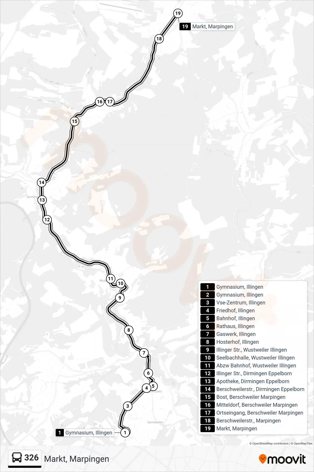 326 bus Line (Markt, Marpingen) route and stops on a map