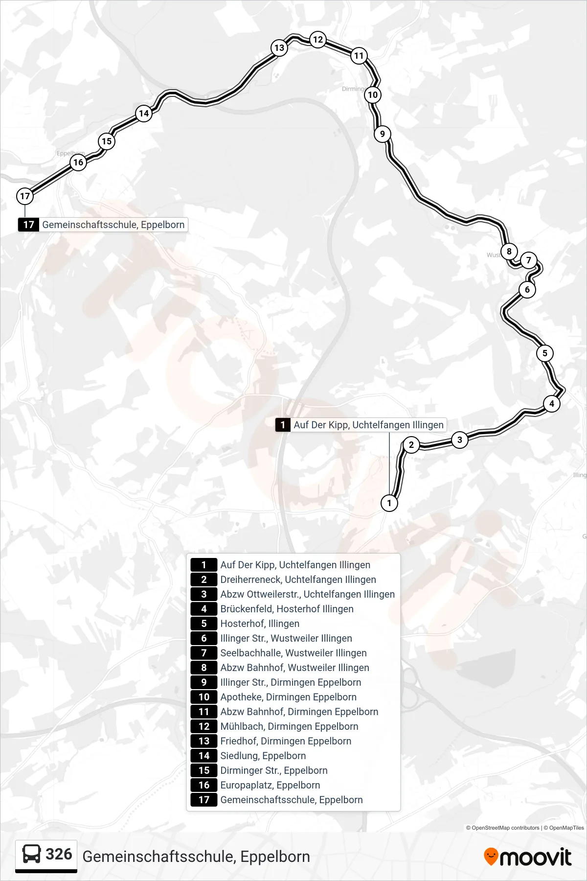 326 bus Line (Gemeinschaftsschule, Eppelborn) route and stops on a map