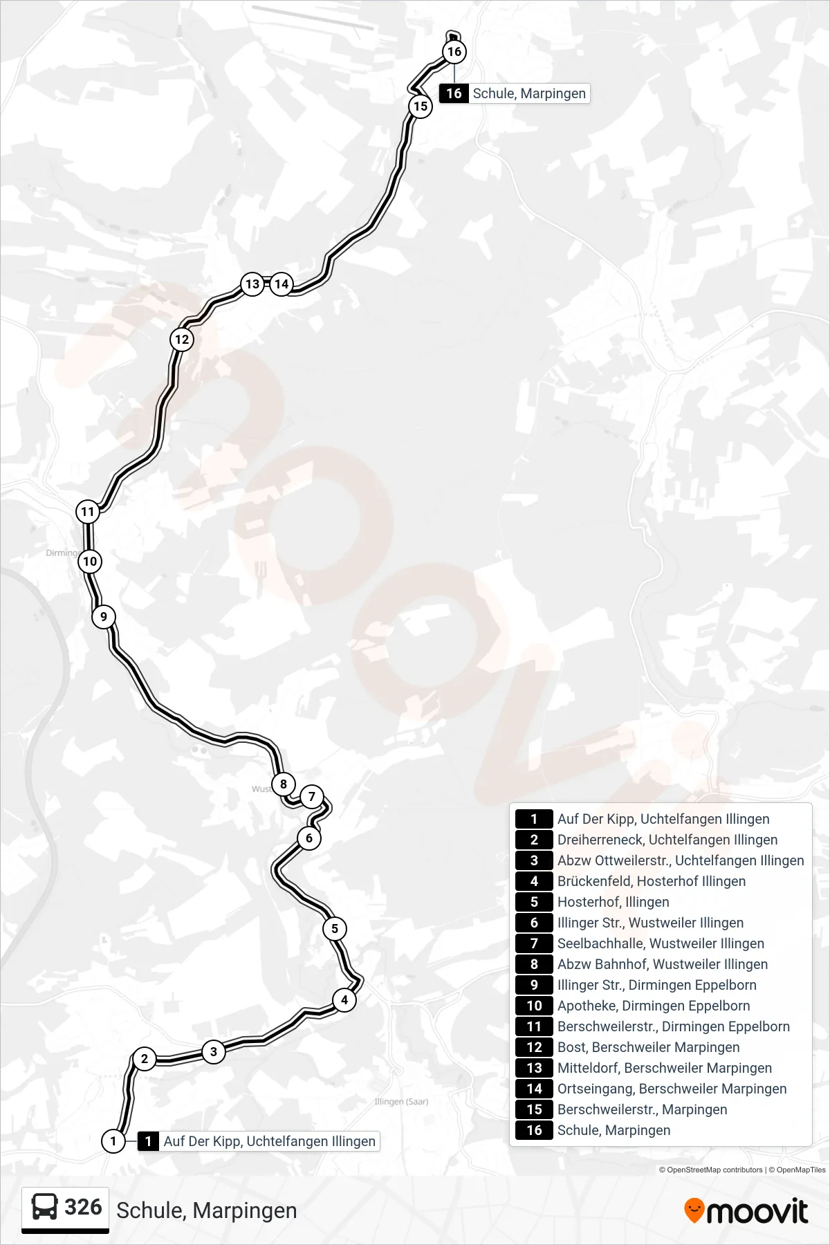 326 bus Line (Schule, Marpingen) route and stops on a map