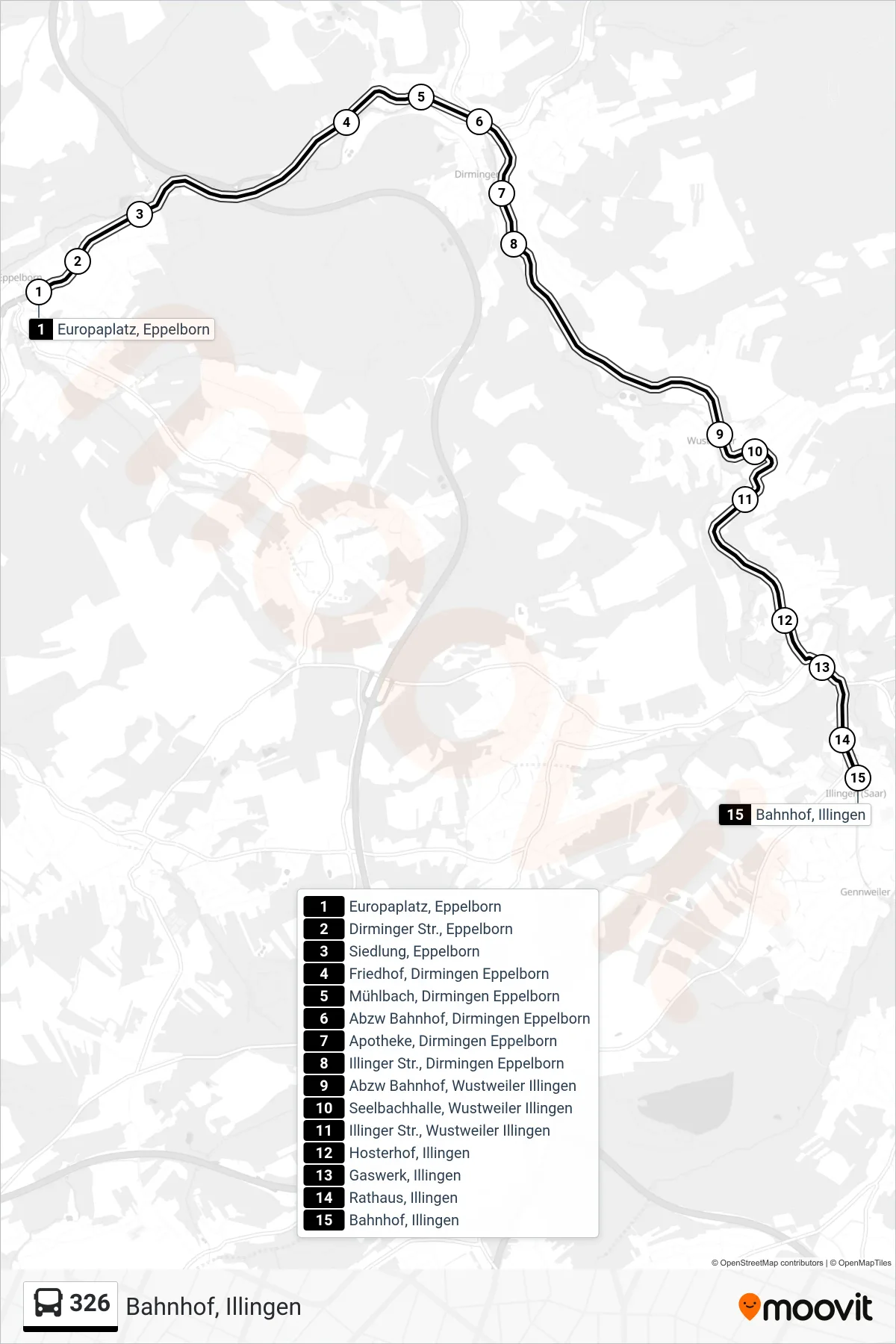 Linie 326 (Bus) Richtung Bahnhof, Illingen: Route und Haltestellen auf der Karte