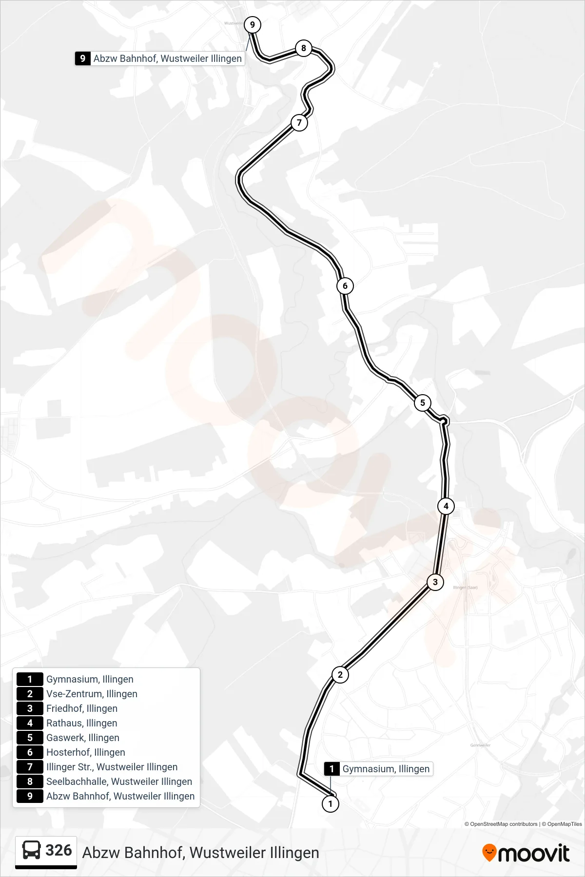 326 bus Line (Abzw Bahnhof, Wustweiler Illingen) route and stops on a map