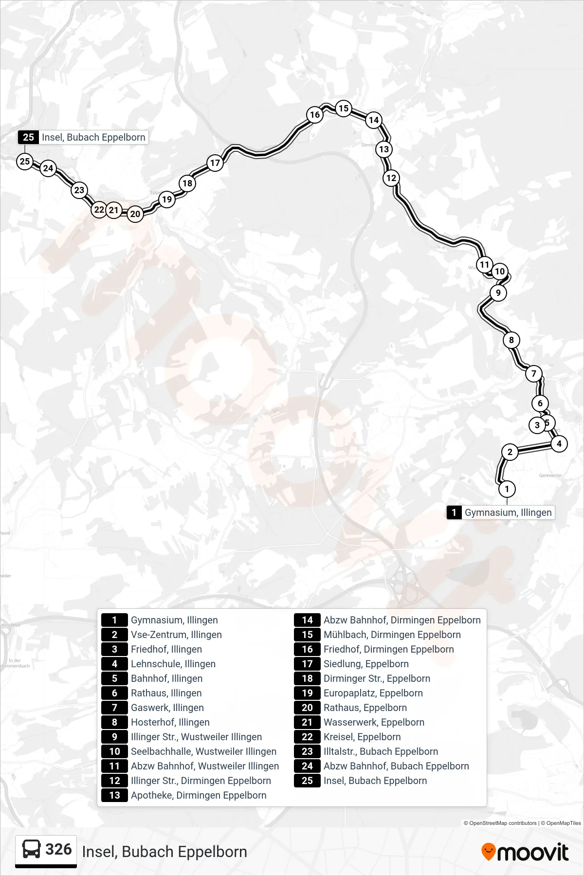 326 bus Line (Insel, Bubach Eppelborn) route and stops on a map