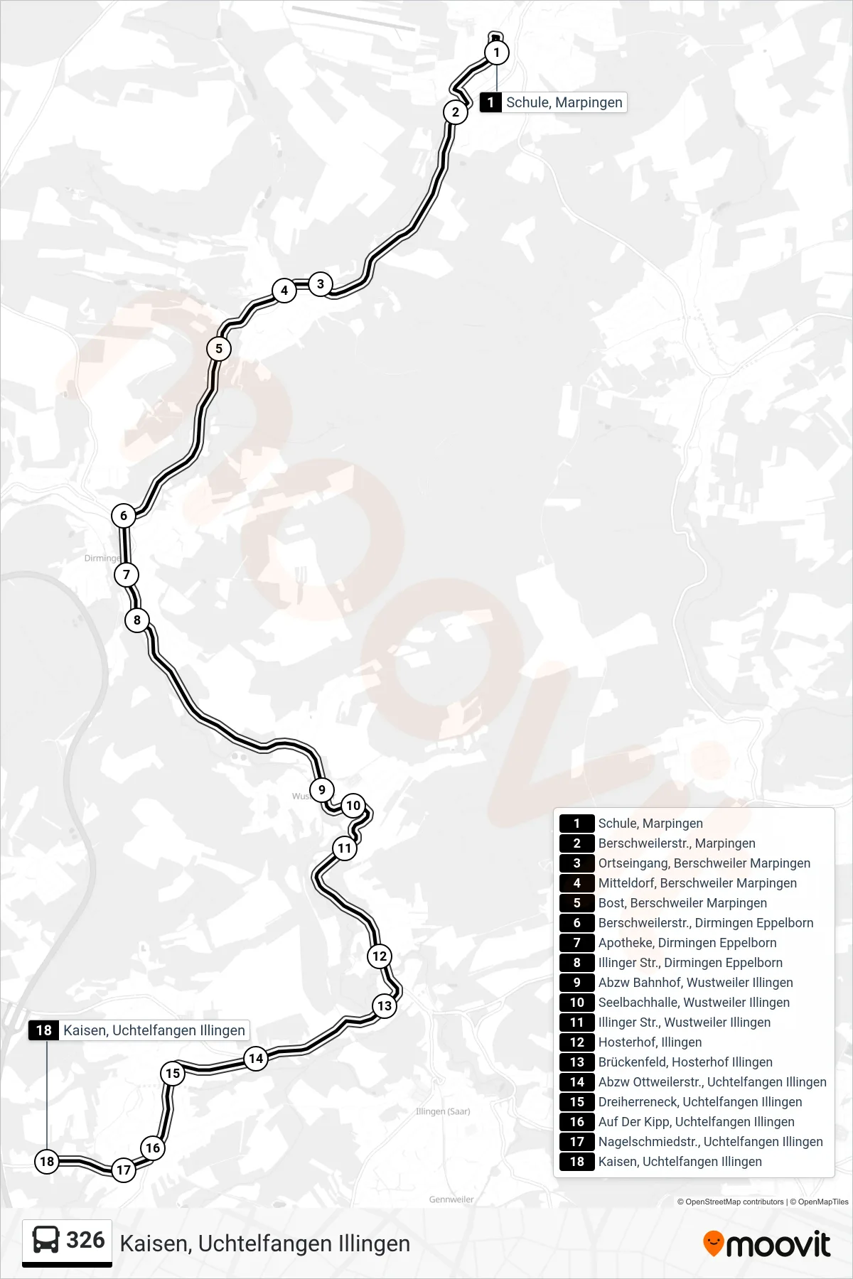 326 bus Line (Kaisen, Uchtelfangen Illingen) route and stops on a map