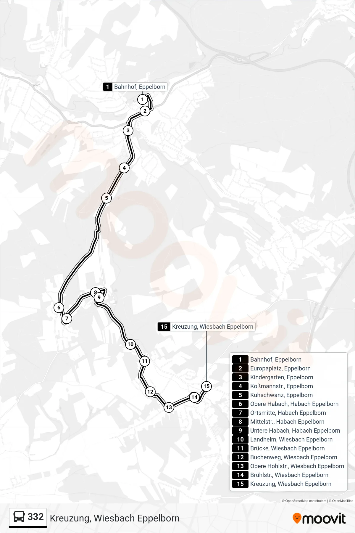 332 bus Line (Kreuzung, Wiesbach Eppelborn) route and stops on a map