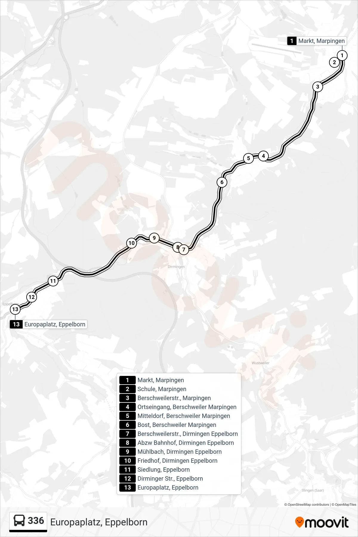 336 bus Line (Europaplatz, Eppelborn) route and stops on a map