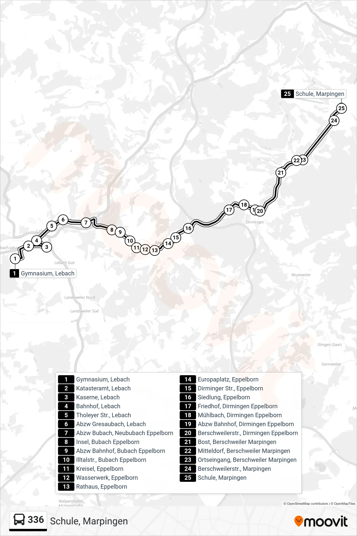 Linie 336 (Bus) Richtung Schule, Marpingen: Route und Haltestellen auf der Karte