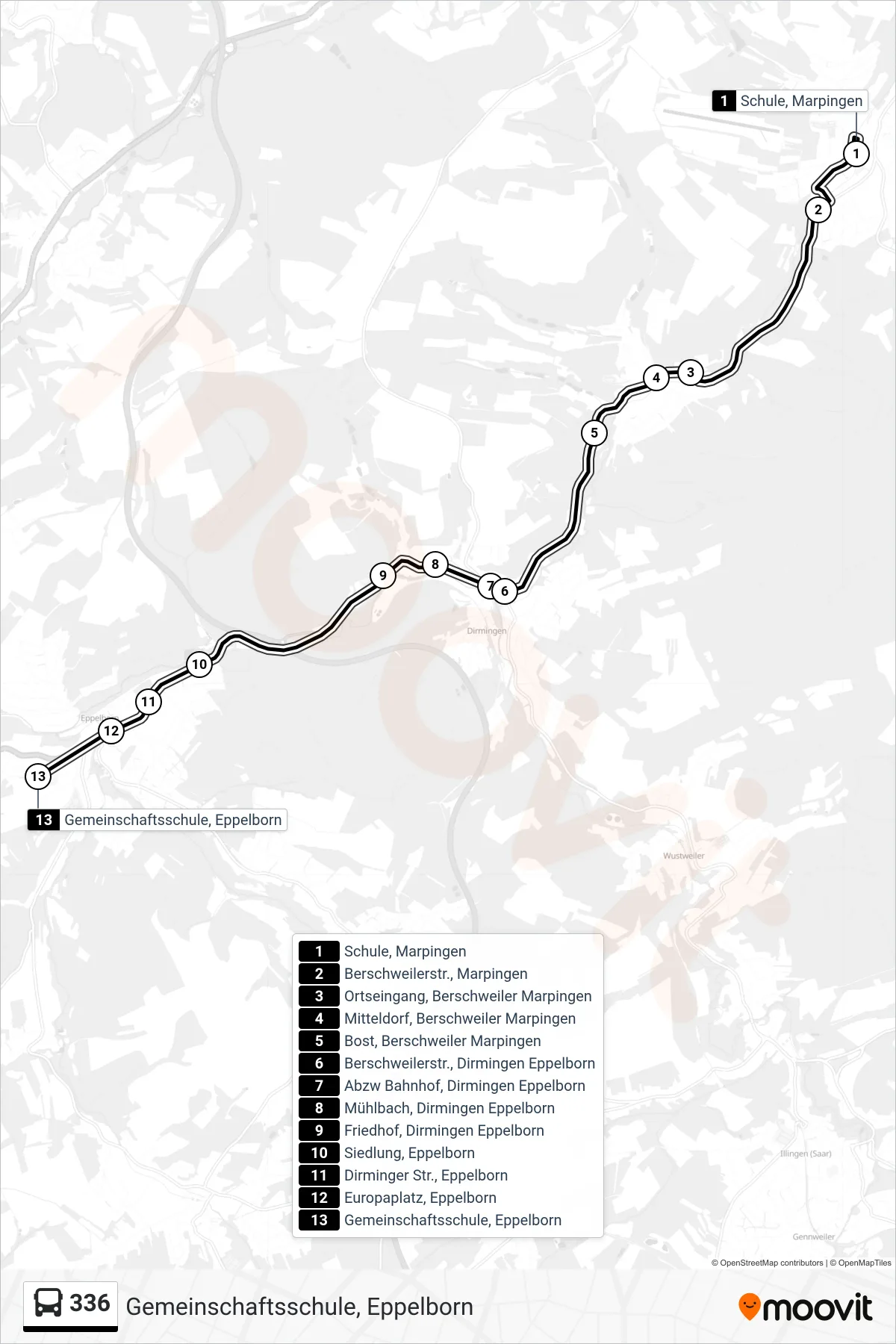 336 bus Line (Gemeinschaftsschule, Eppelborn) route and stops on a map