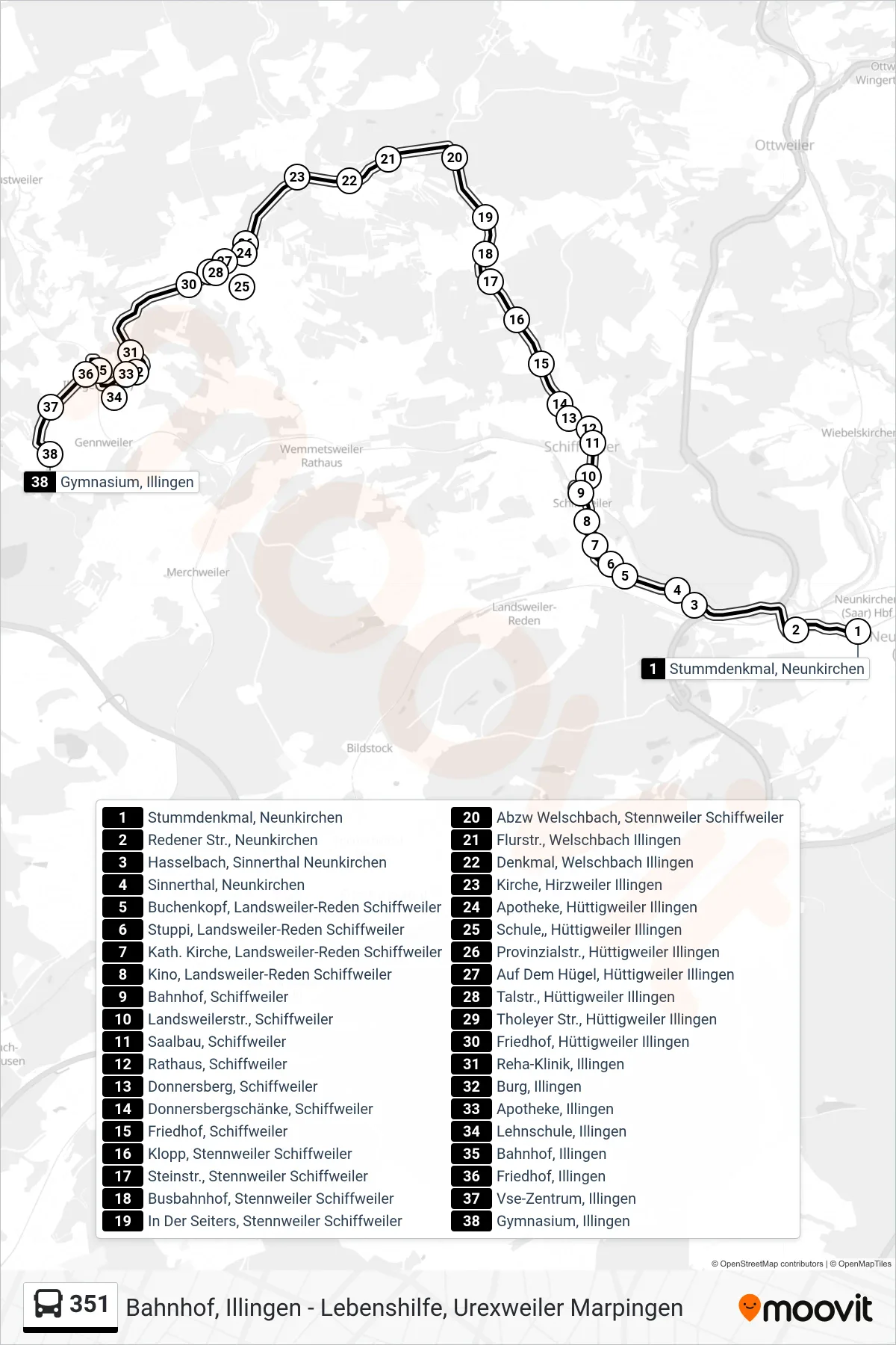 351 bus Line (Gymnasium, Illingen) route and stops on a map