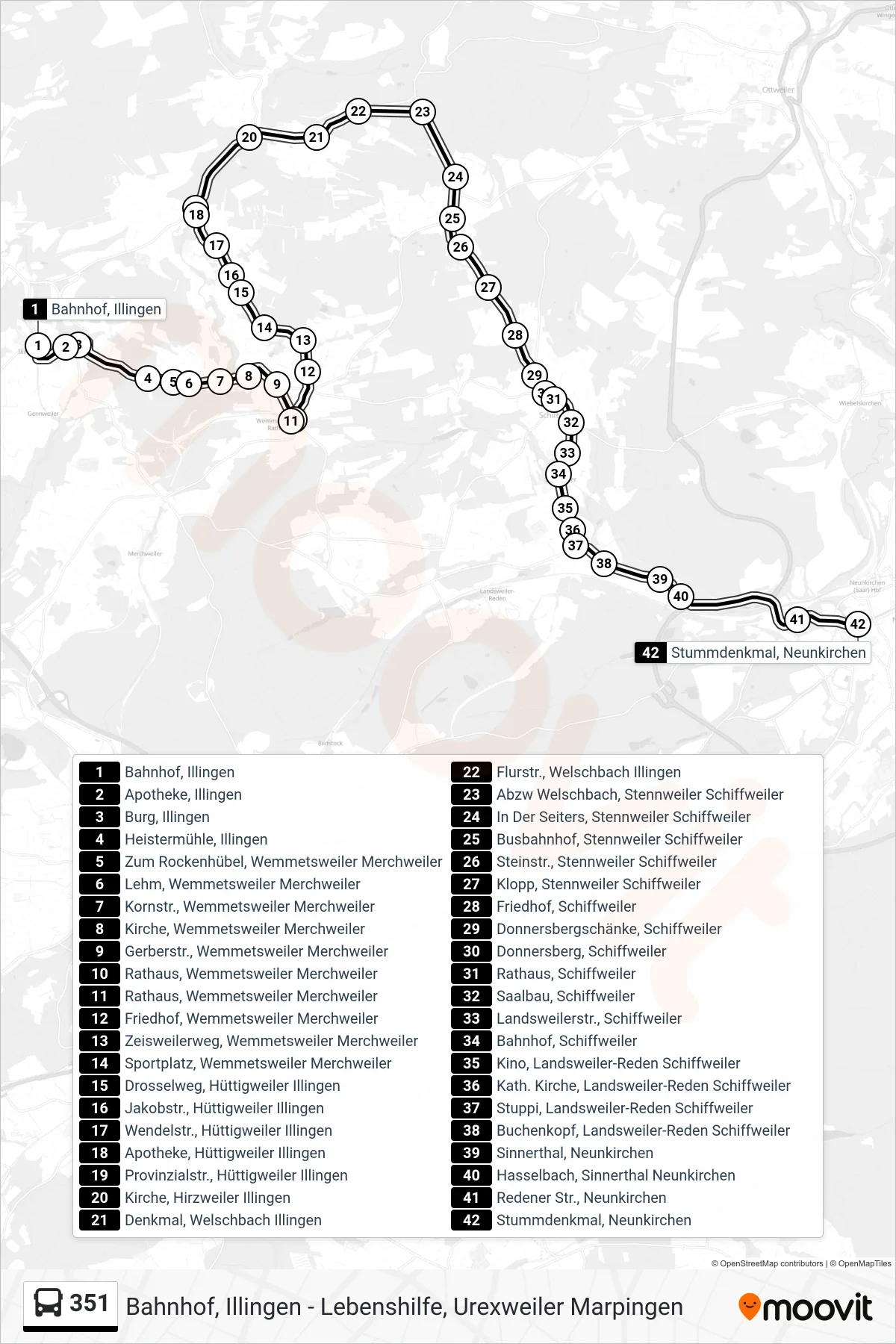 351 bus Line (Stummdenkmal, Neunkirchen) route and stops on a map
