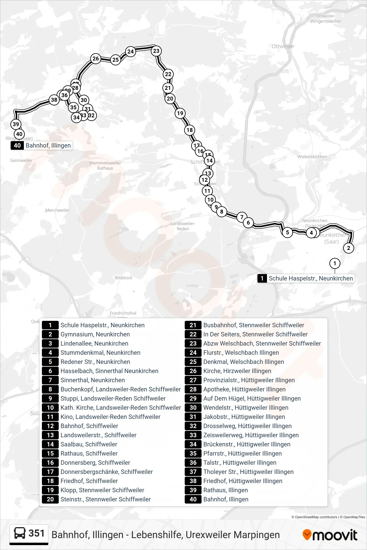 351 bus Line (Bahnhof, Illingen) route and stops on a map