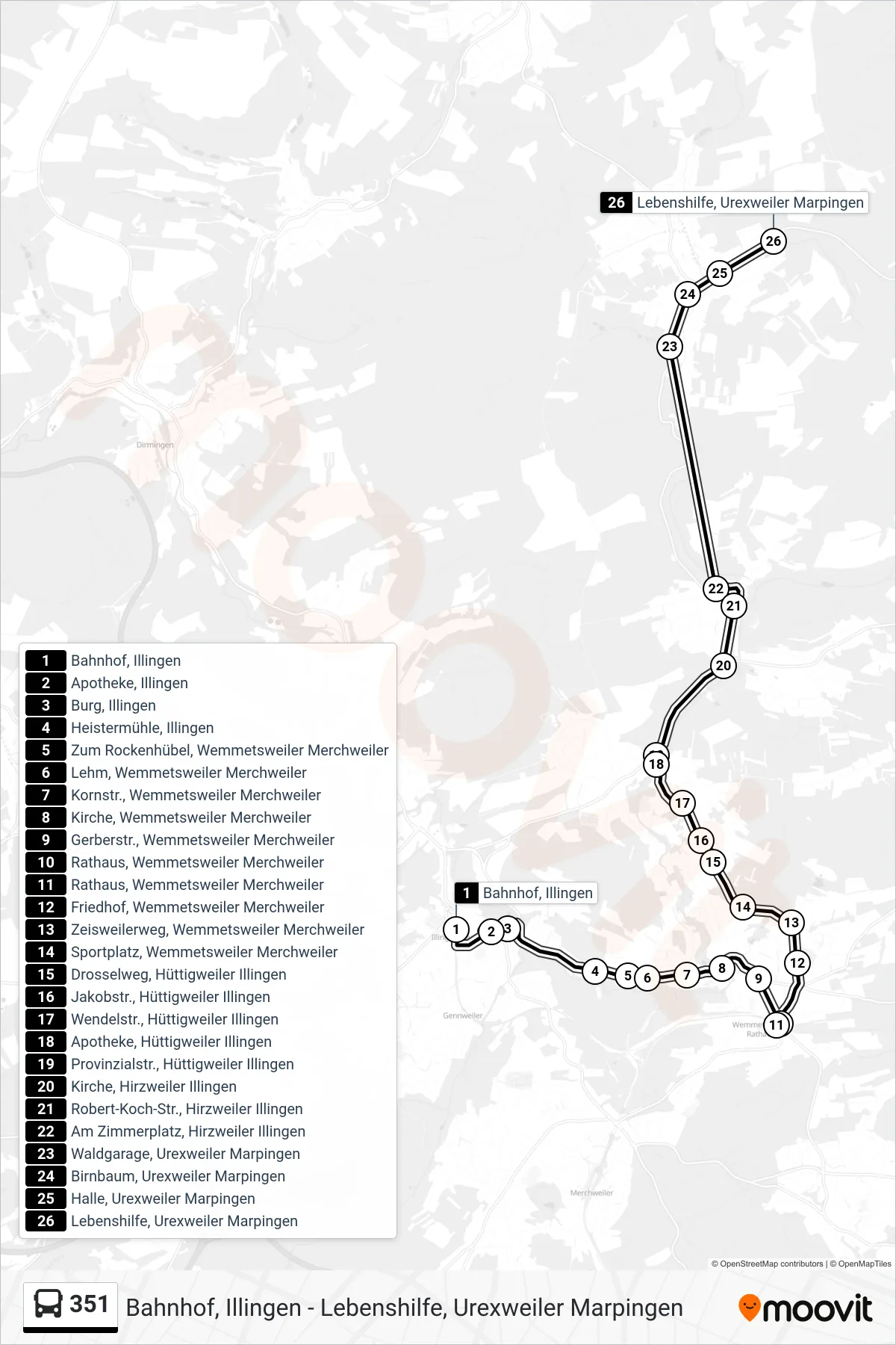 Linie 351 (Bus) Richtung Lebenshilfe, Urexweiler Marpingen: Route und Haltestellen auf der Karte
