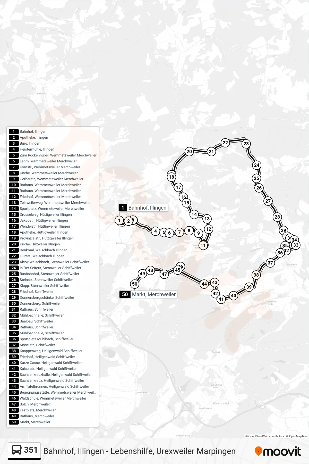 351 bus Line (Markt, Merchweiler) route and stops on a map