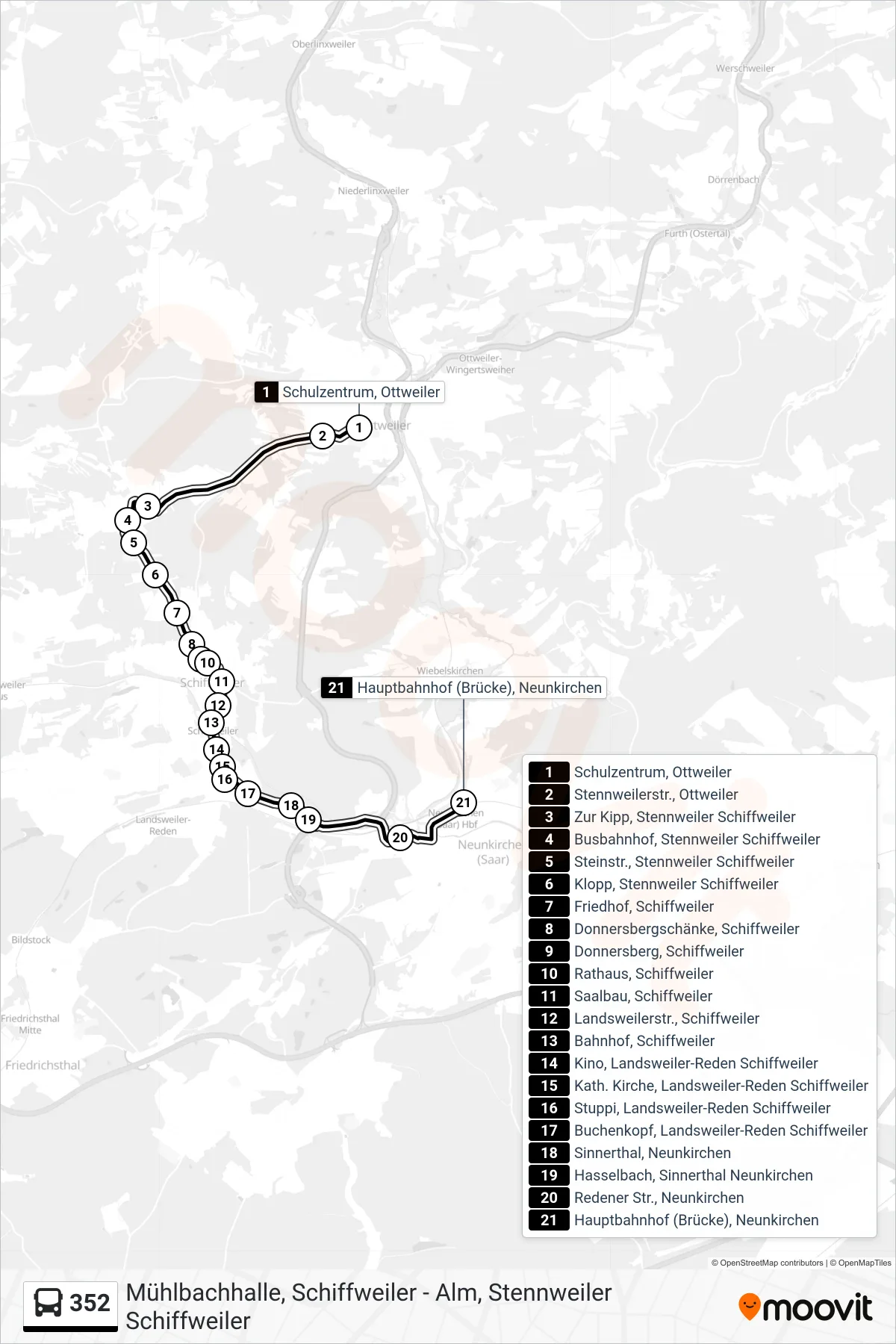 352 bus Line (Hauptbahnhof (Brücke), Neunkirchen) route and stops on a map