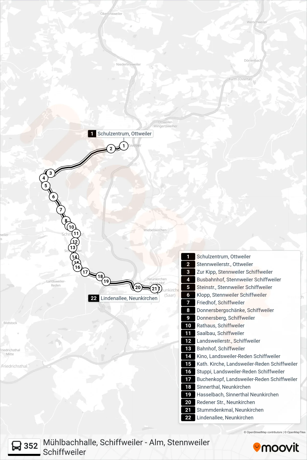352 bus Line (Lindenallee, Neunkirchen) route and stops on a map
