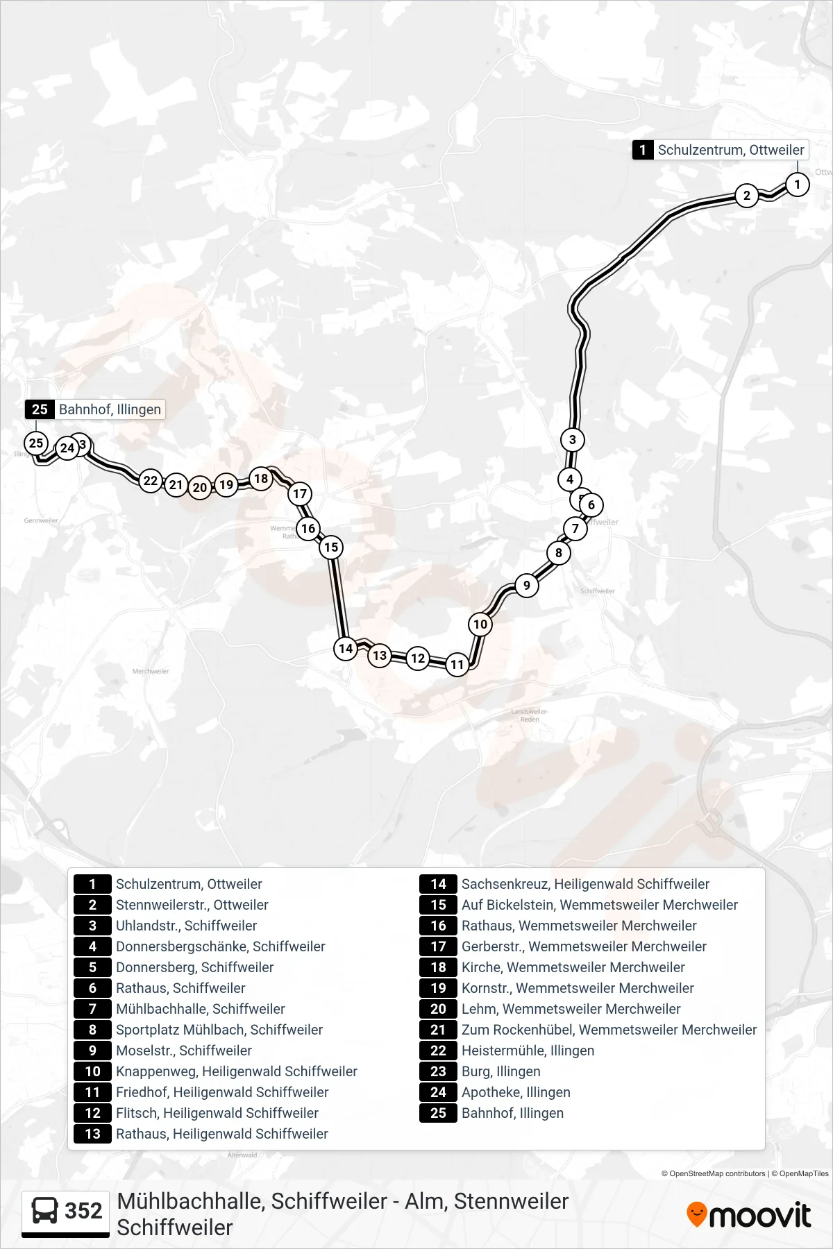 352 bus Line (Bahnhof, Illingen) route and stops on a map
