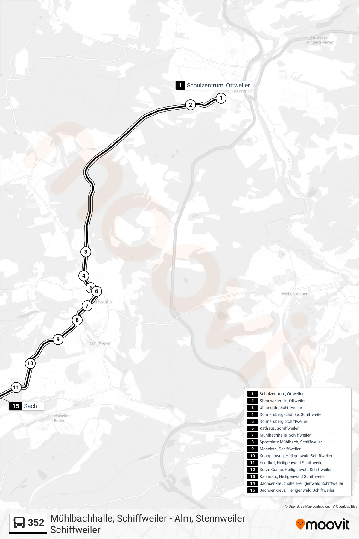 352 bus Line (Sachsenkreuz, Heiligenwald Schiffweiler) route and stops on a map