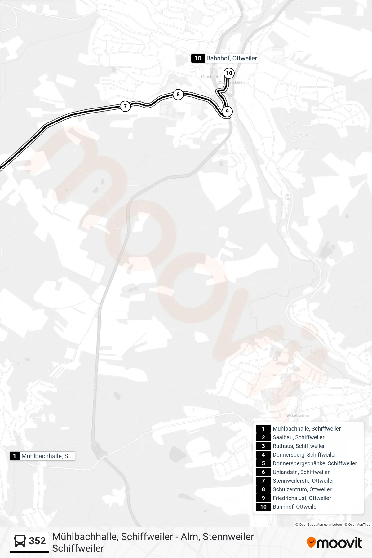 Linie 352 (Bus) Richtung Bahnhof, Ottweiler: Route und Haltestellen auf der Karte