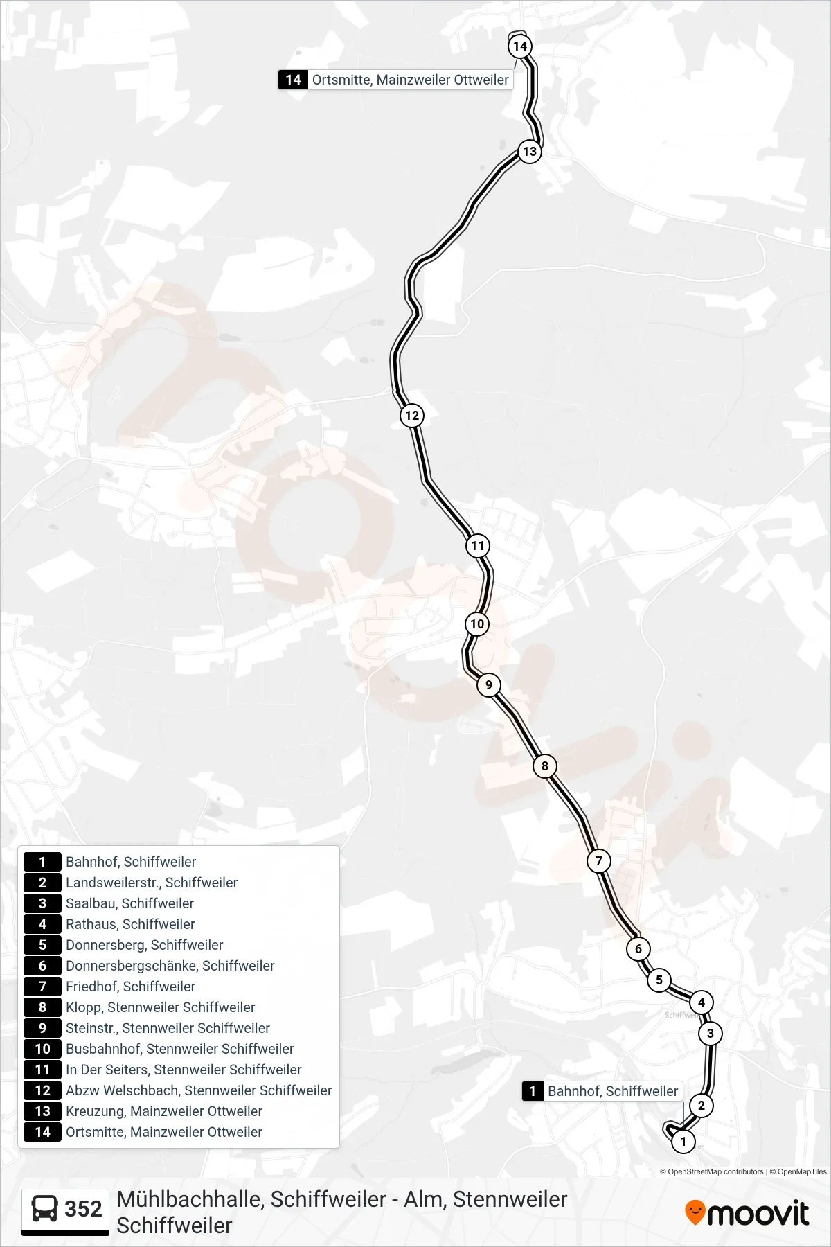 352 bus Line (Ortsmitte, Mainzweiler Ottweiler) route and stops on a map