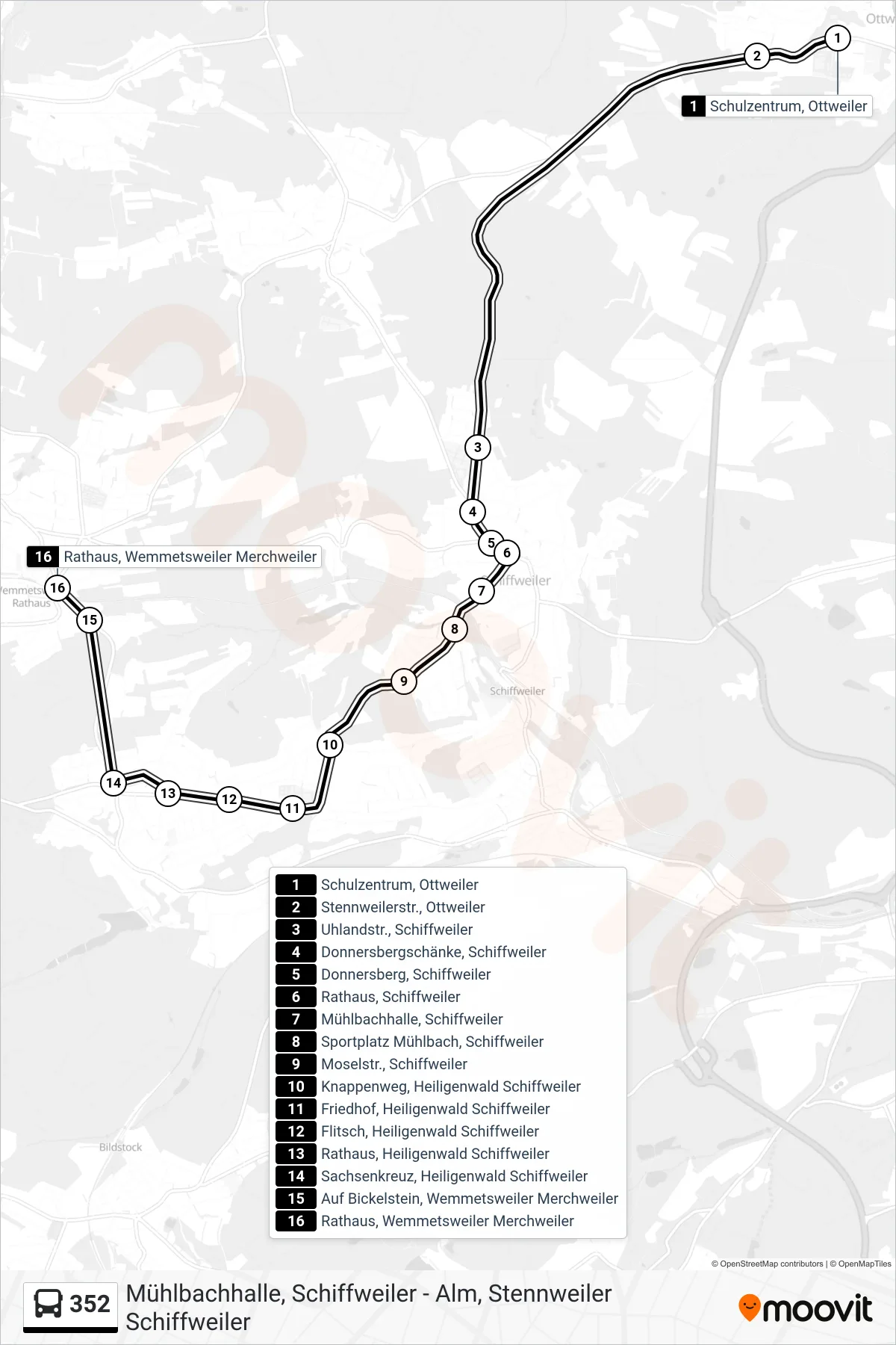 352 bus Line (Rathaus, Wemmetsweiler Merchweiler) route and stops on a map