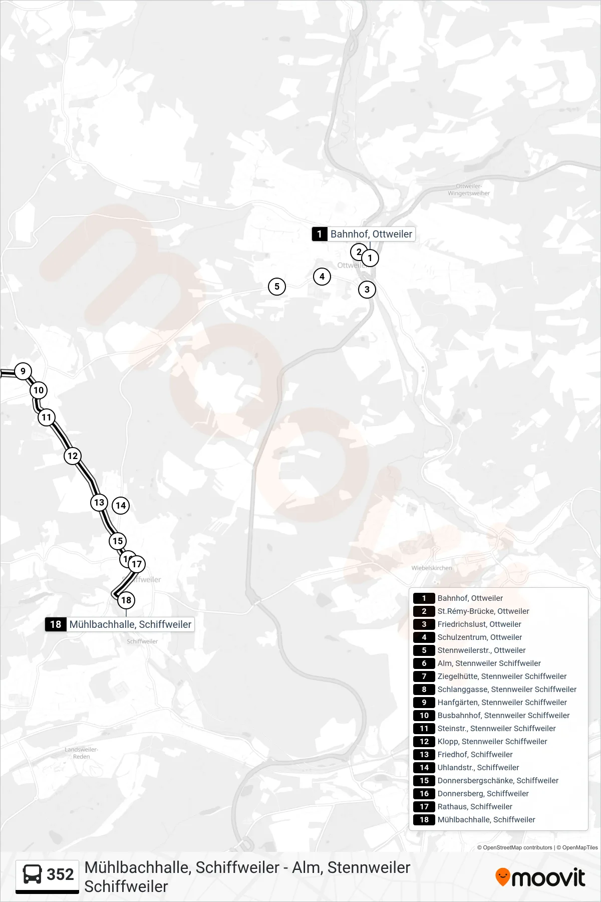 352 bus Line (Mühlbachhalle, Schiffweiler) route and stops on a map