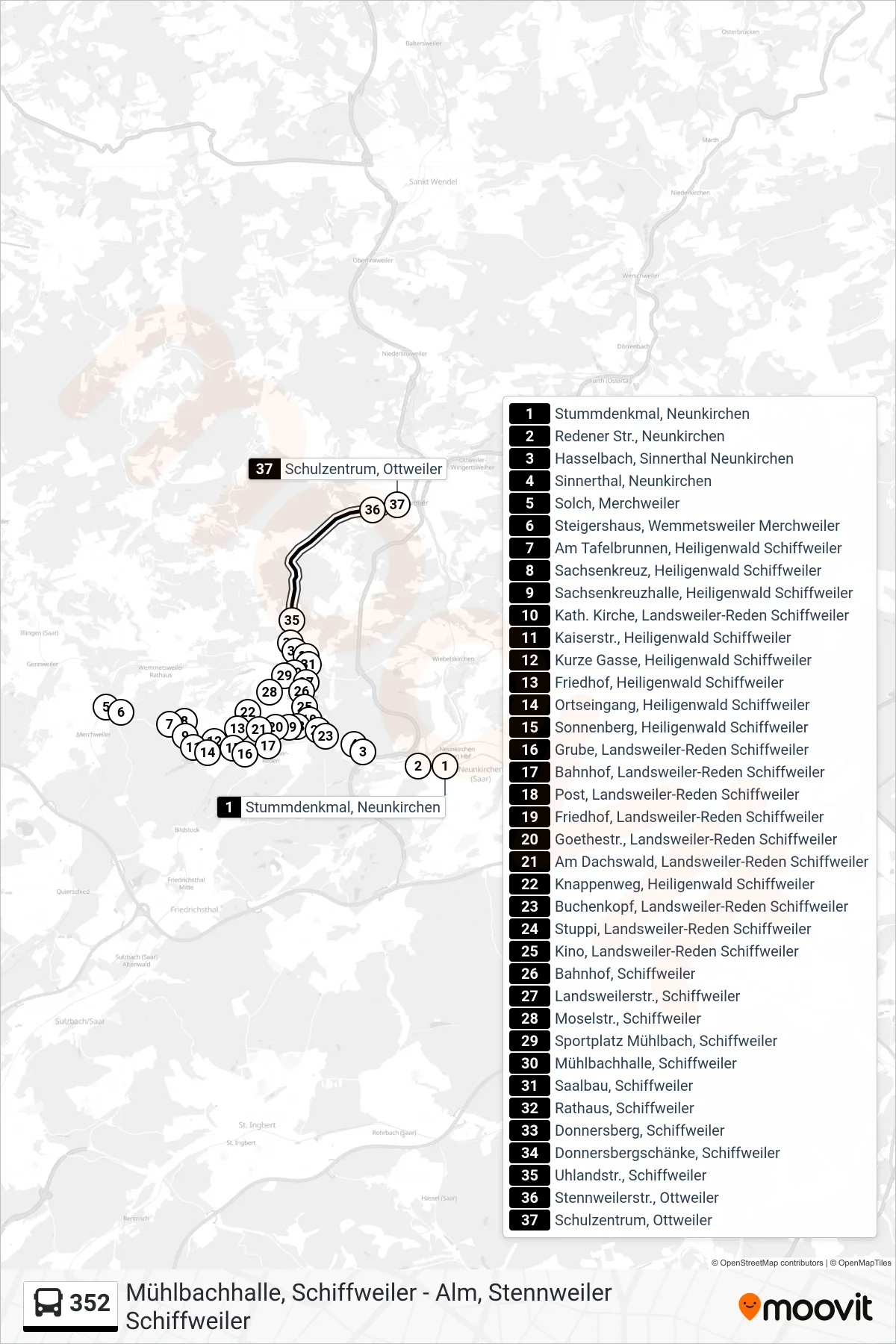 352 bus Line (Schulzentrum, Ottweiler) route and stops on a map