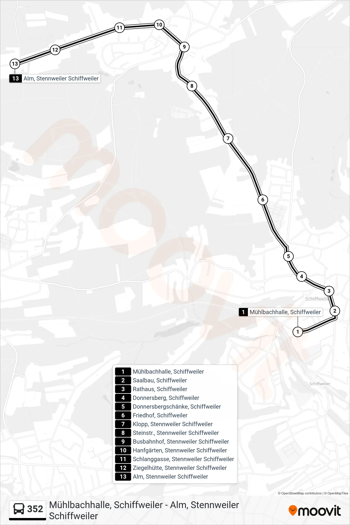 352 bus Line (Alm, Stennweiler Schiffweiler) route and stops on a map