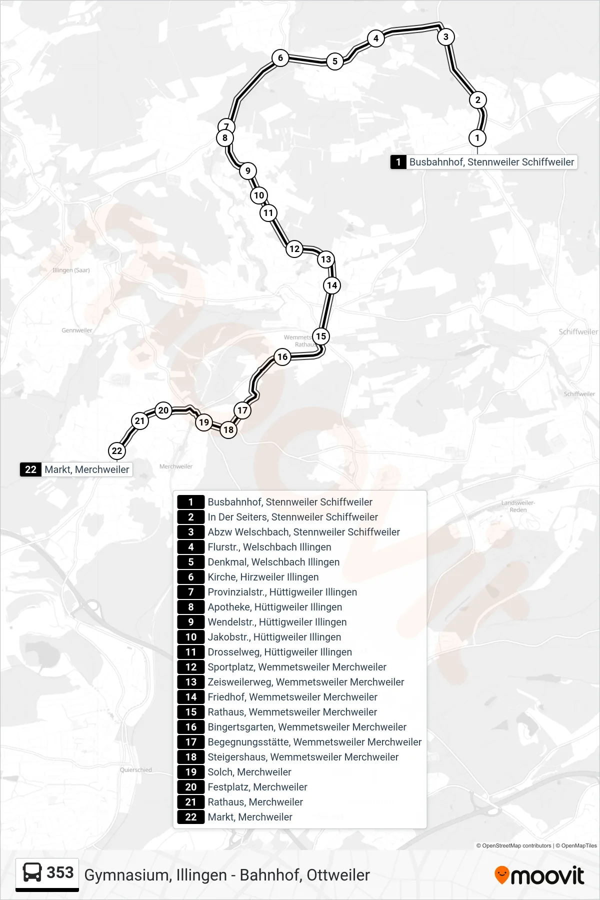 353 bus Line (Markt, Merchweiler) route and stops on a map