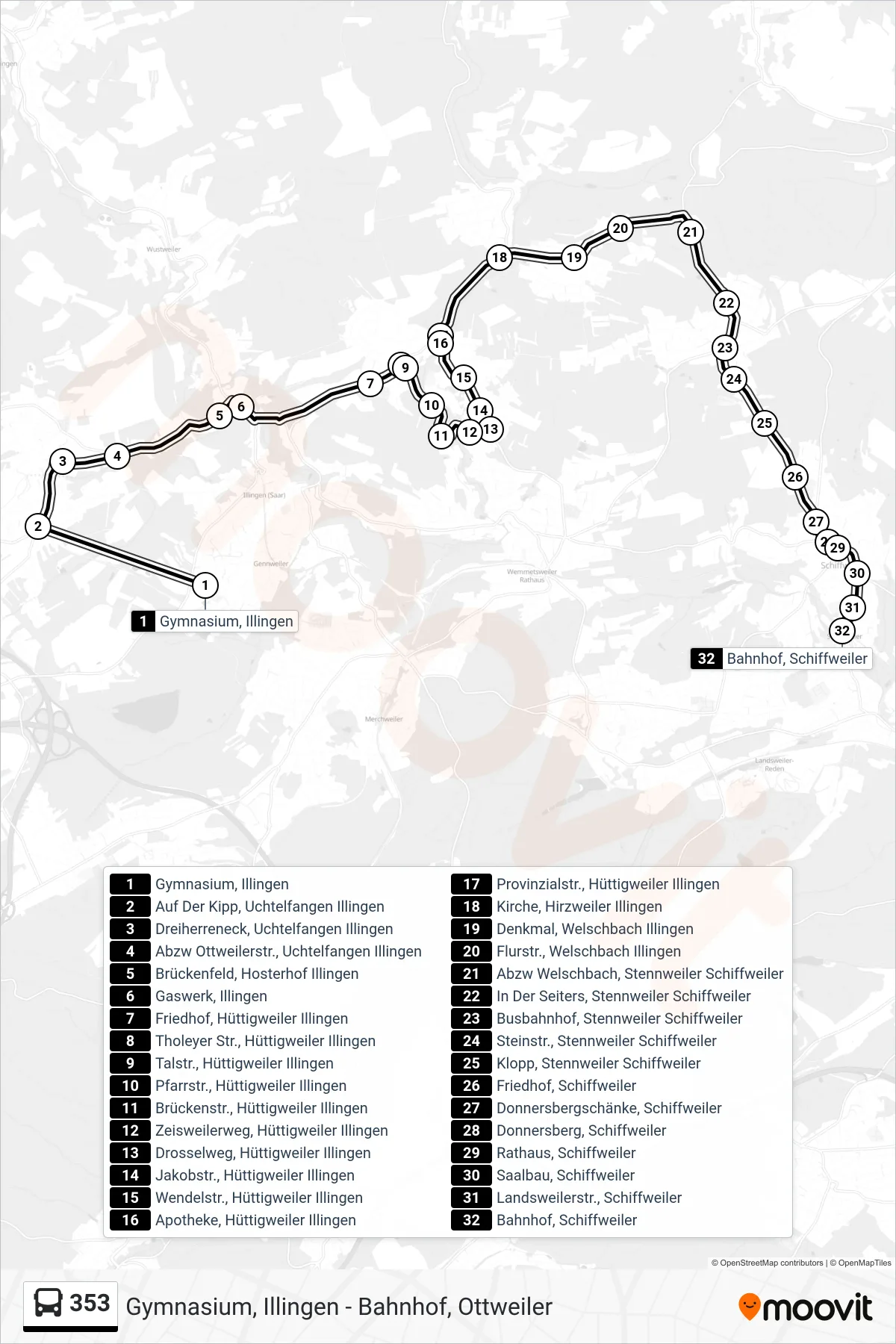 Linie 353 (Bus) Richtung Bahnhof, Schiffweiler: Route und Haltestellen auf der Karte