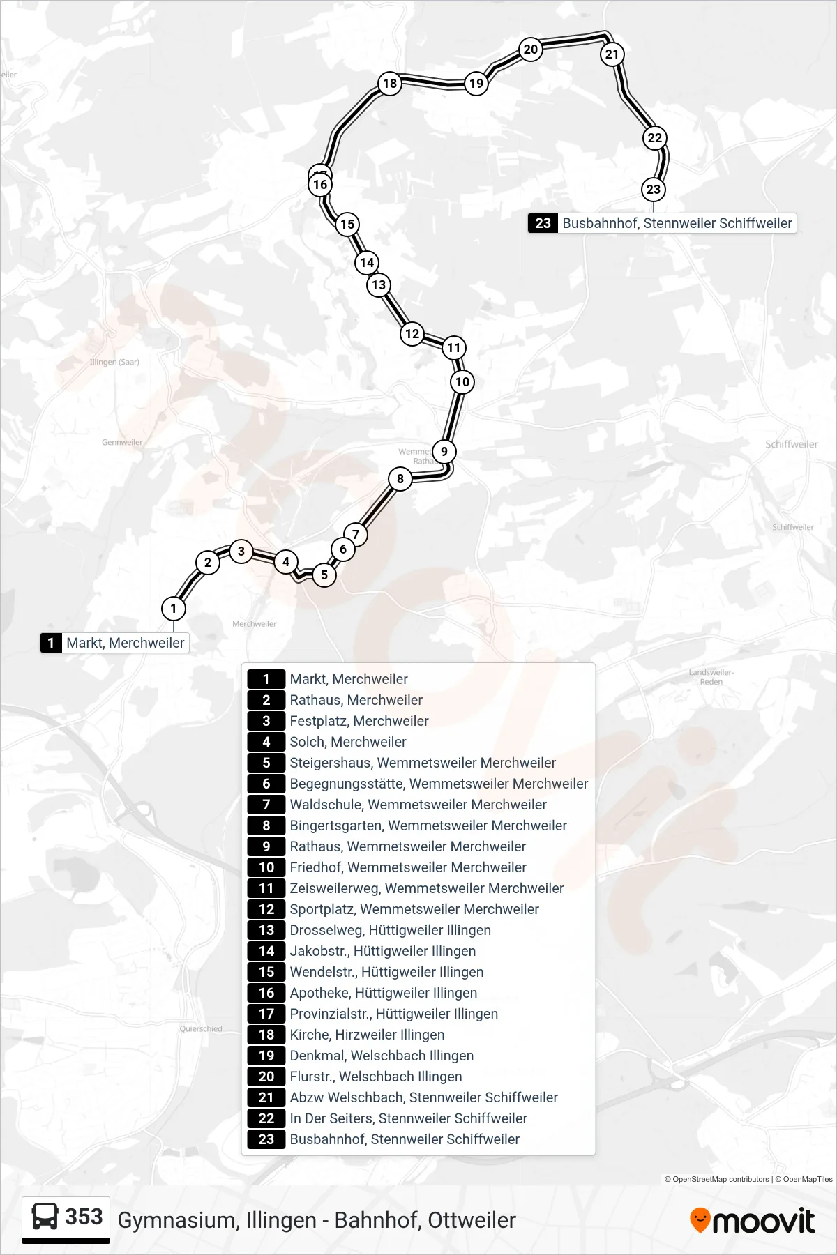 353 bus Line (Busbahnhof, Stennweiler Schiffweiler) route and stops on a map