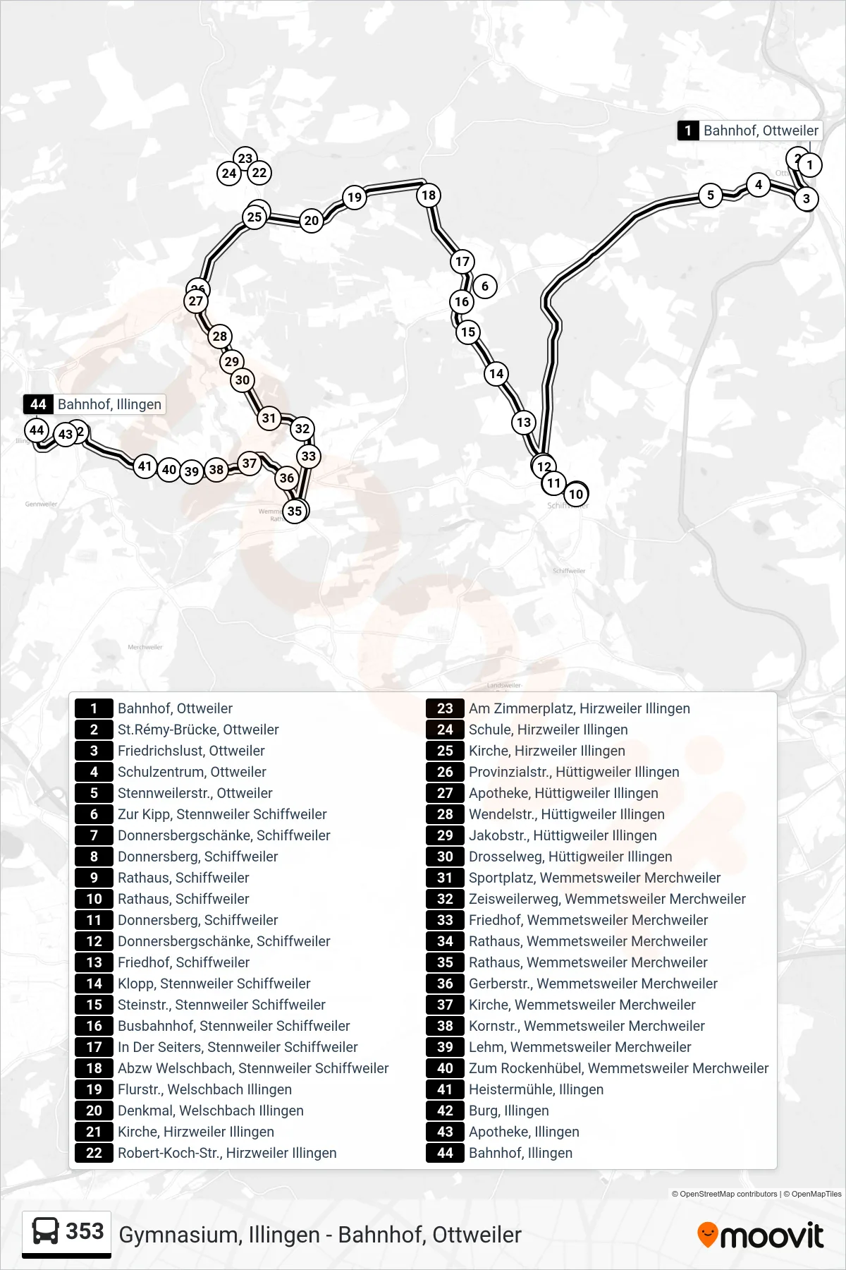 353 bus Line (Bahnhof, Illingen) route and stops on a map