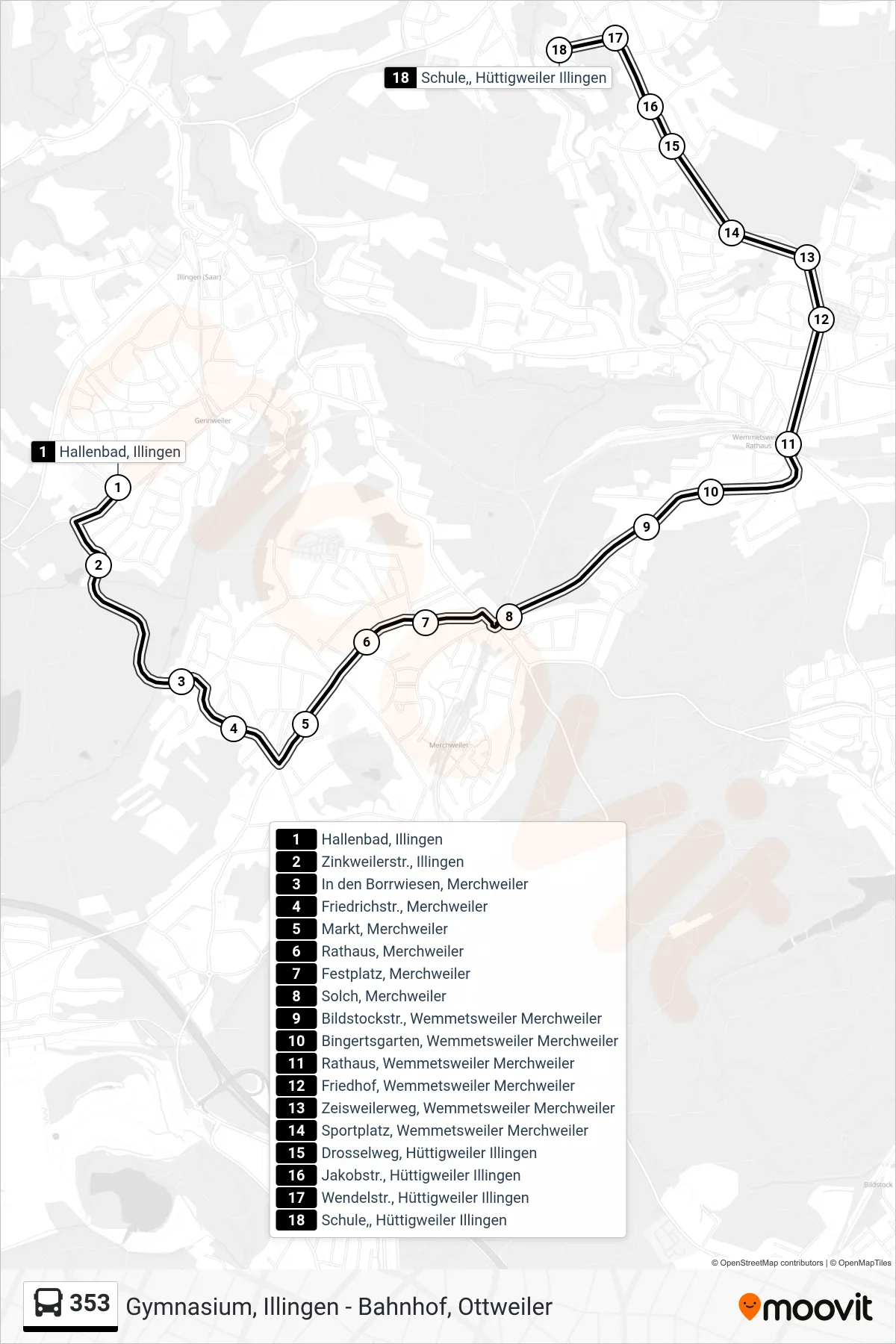 353 bus Line (Hüttigweiler Kirche) route and stops on a map