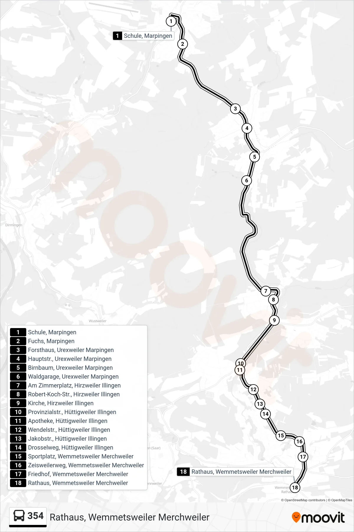 Linie 354 (Bus) Richtung Rathaus, Wemmetsweiler Merchweiler: Route und Haltestellen auf der Karte