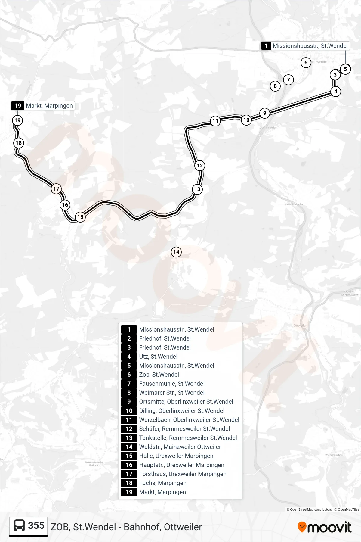 355 bus Line (Markt, Marpingen) route and stops on a map