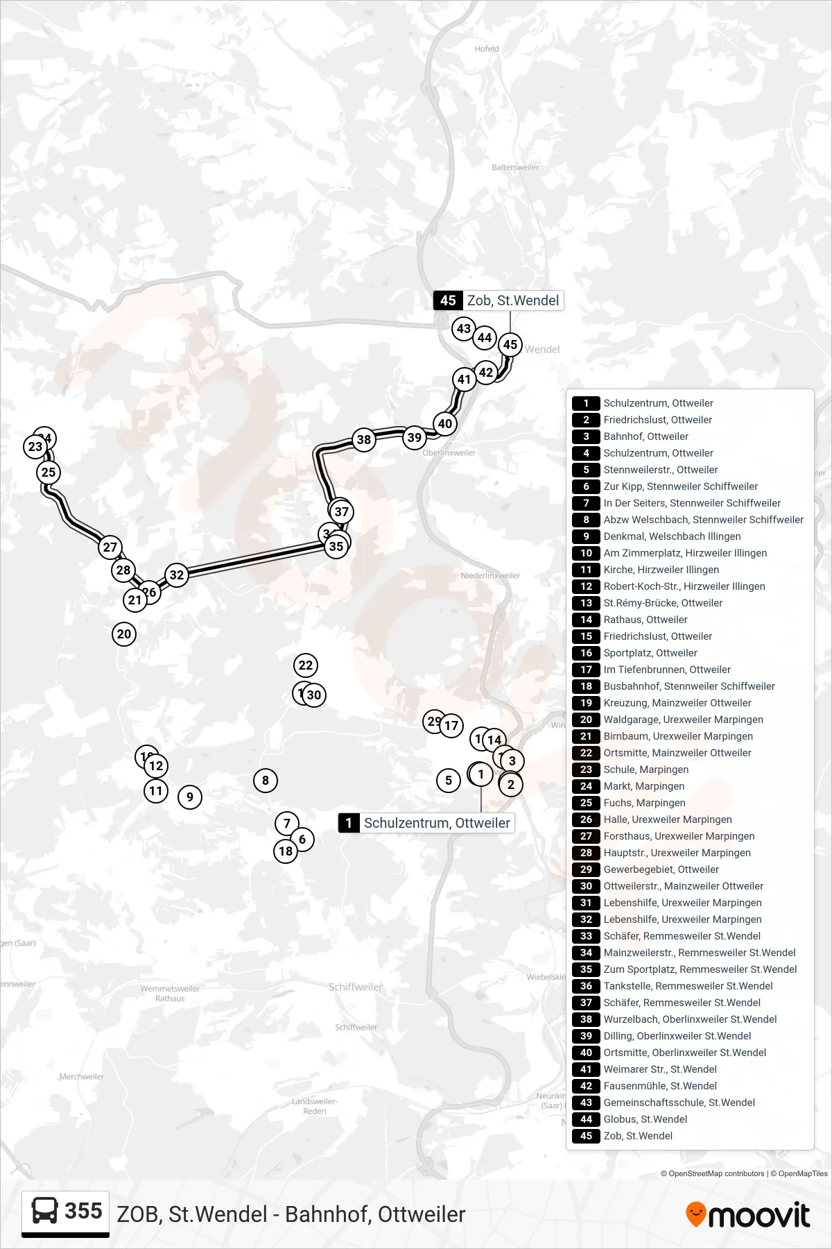 355 bus Line (Zob, St.Wendel) route and stops on a map