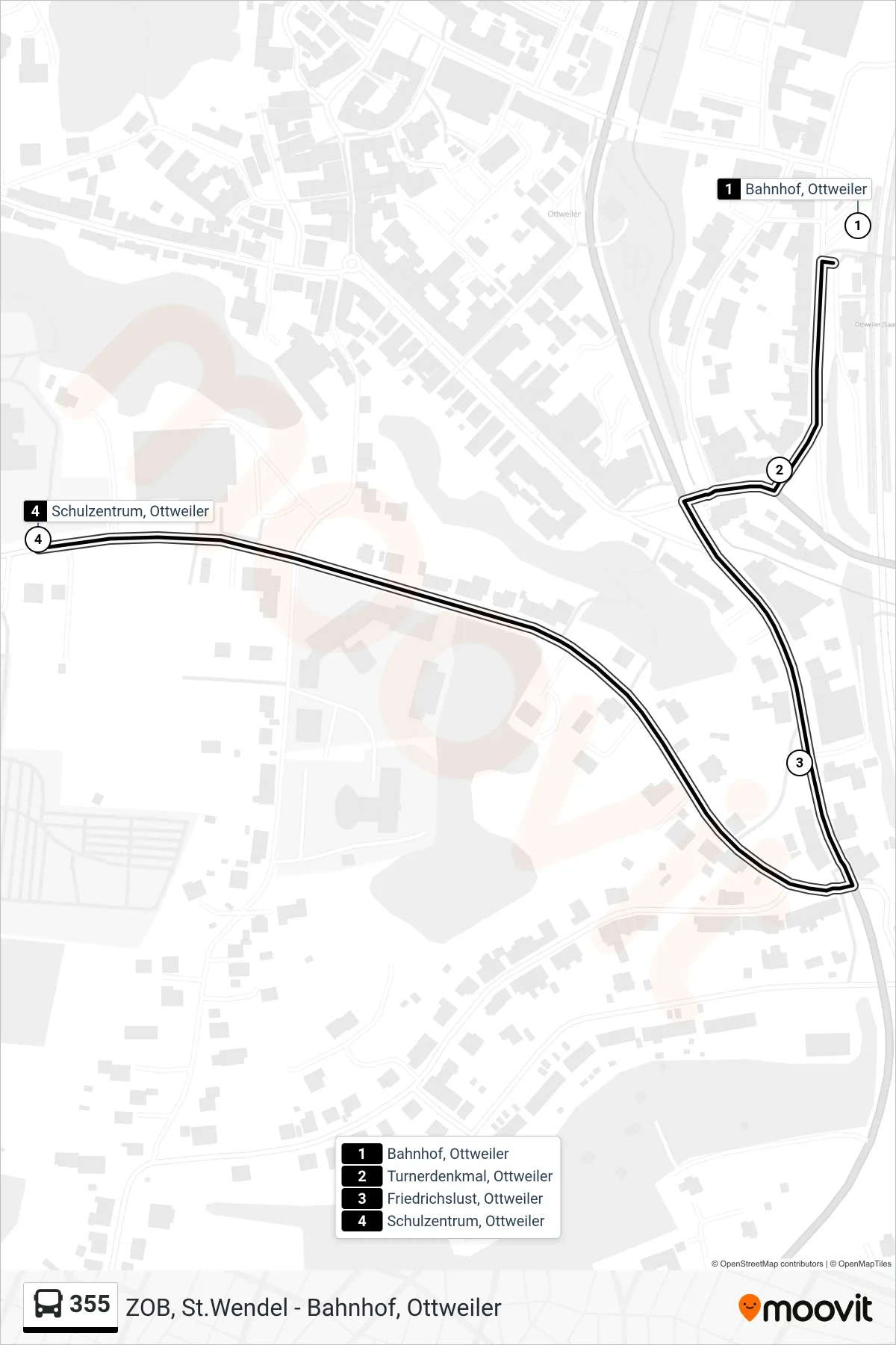 355 bus Line (Schulzentrum, Ottweiler) route and stops on a map