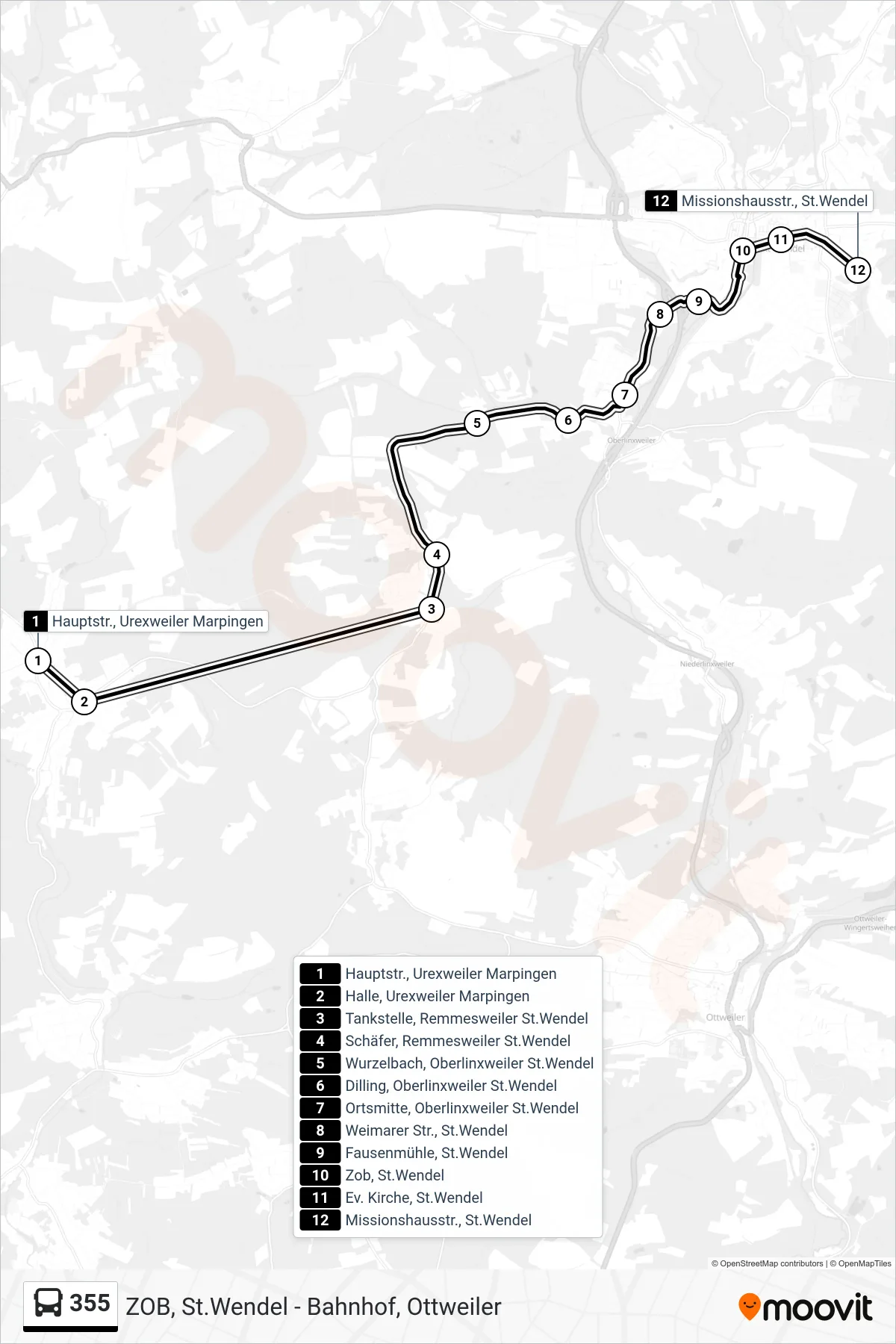 355 bus Line (Missionshausstr., St.Wendel) route and stops on a map