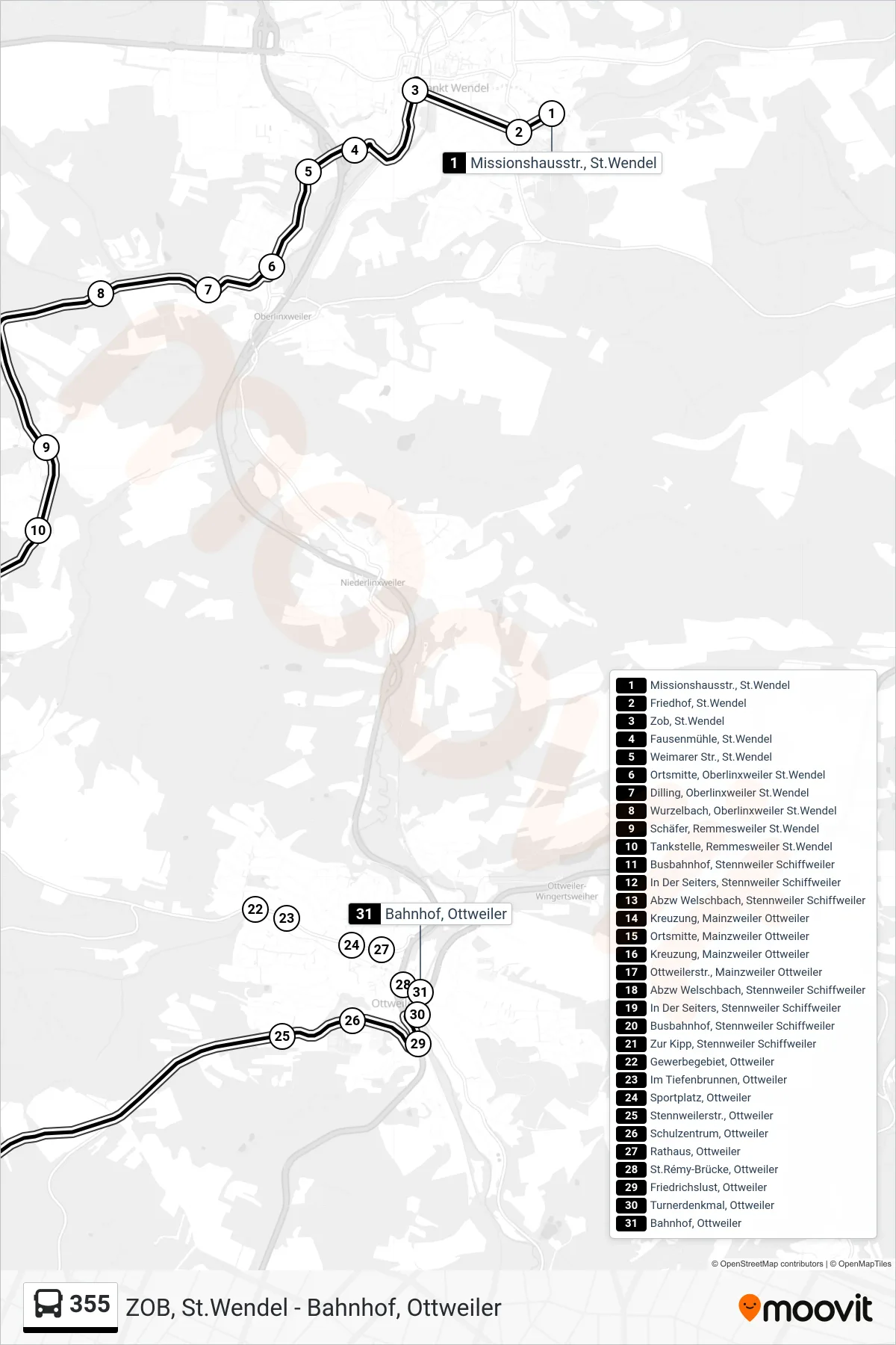 355 bus Line (Bahnhof, Ottweiler) route and stops on a map