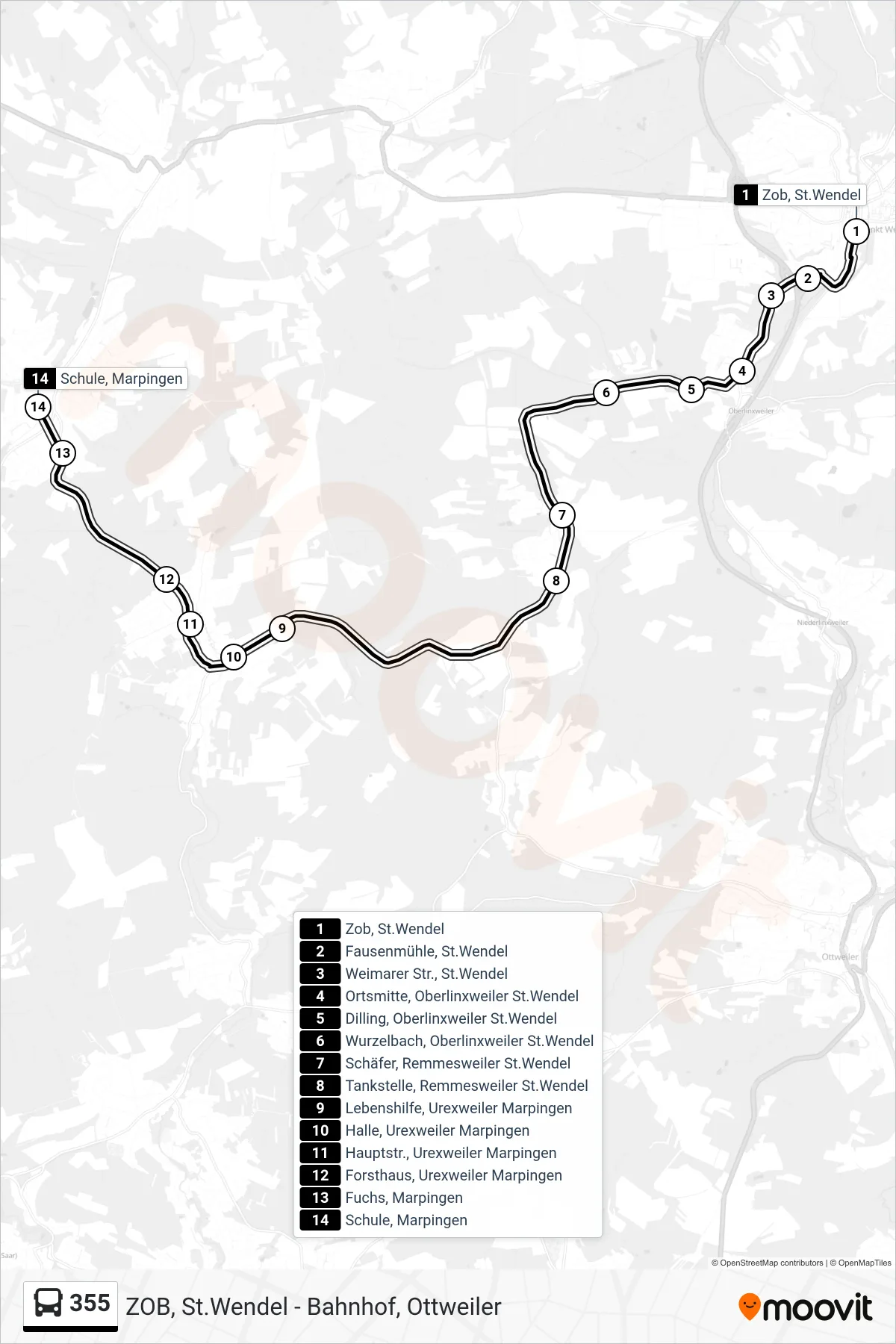 355 bus Line (Schule, Marpingen) route and stops on a map