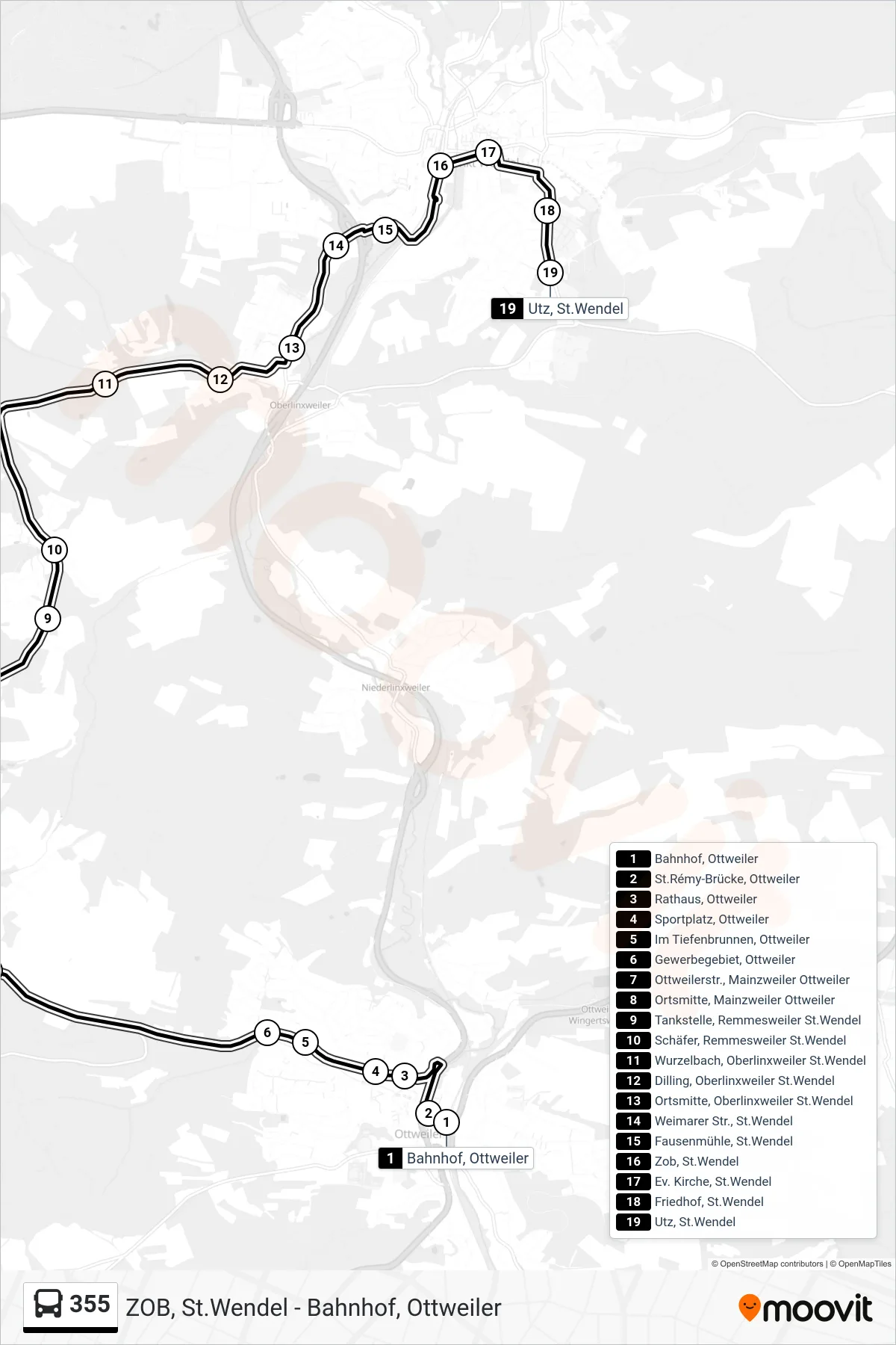 355 bus Line (Utz, St.Wendel) route and stops on a map